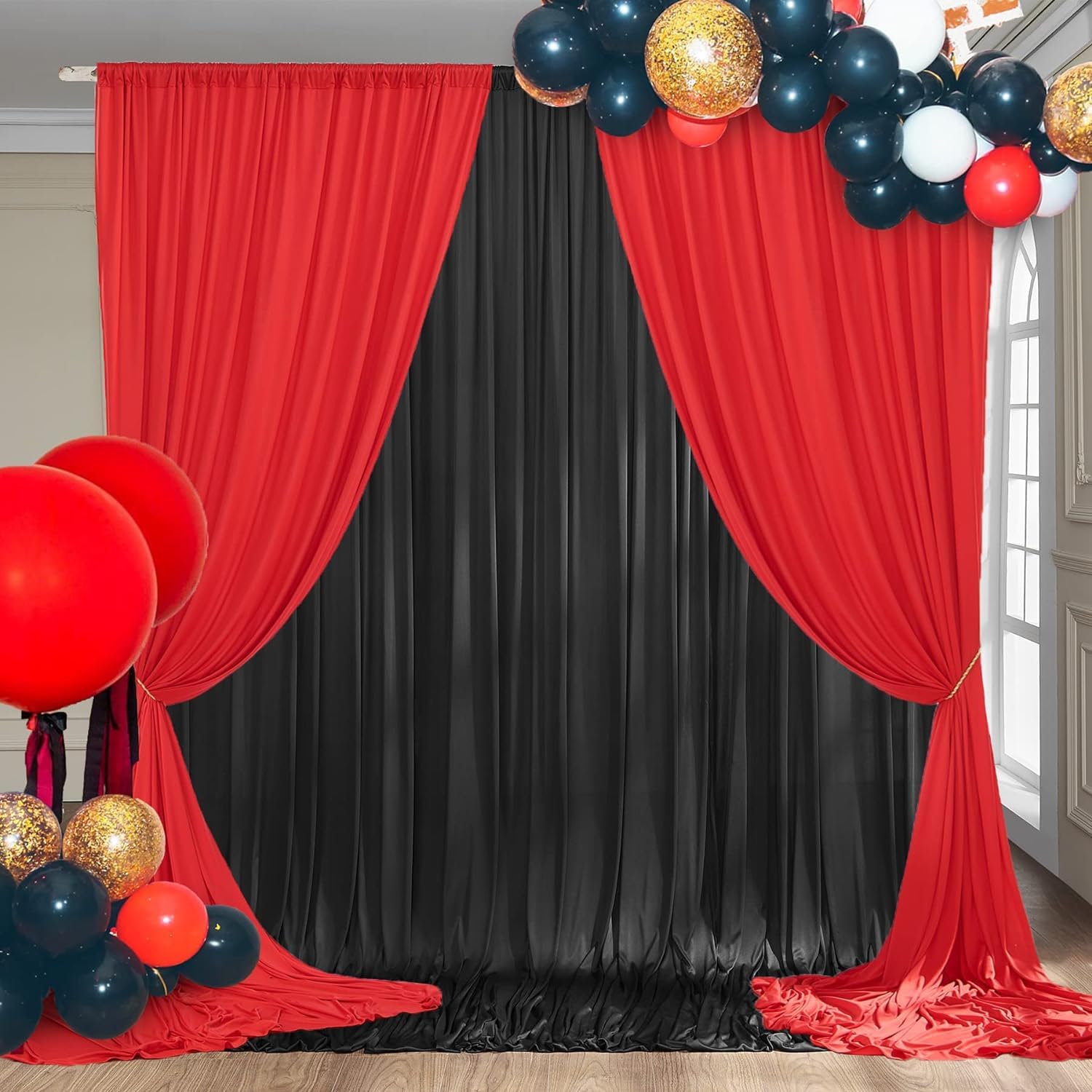 10X10Ft Black Backdrop Curtains And Red Backdrop Curtains Panels, Black And Red Backdrop Drapes For Party Home Decoration Suppli