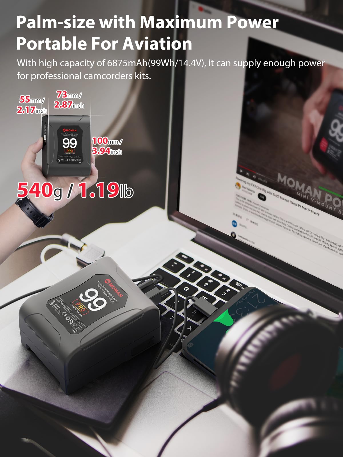 V Mount Battery, Moman Power 99 Pro Micro V Lock Battery 99Wh/6875Mah With D Tap/Usb C/A Outputs, First Oled With Time Display F