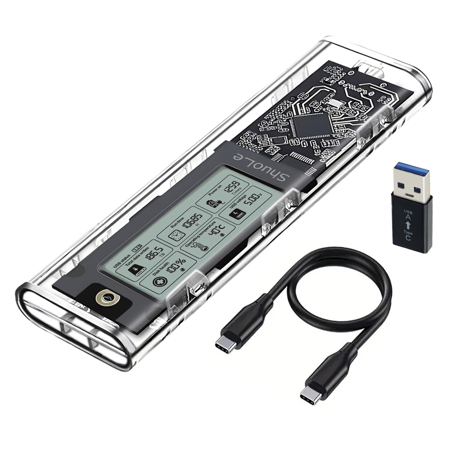 ShuoLe M.2 NVMe SSD Enclosure with LCD Screen, USB 3.2 Gen 2 (10 Gbps), Transparent External Solid State Drive Adapter for 2280 PCI-E M and B&M Keys, USB Type C Converter Case -Like New