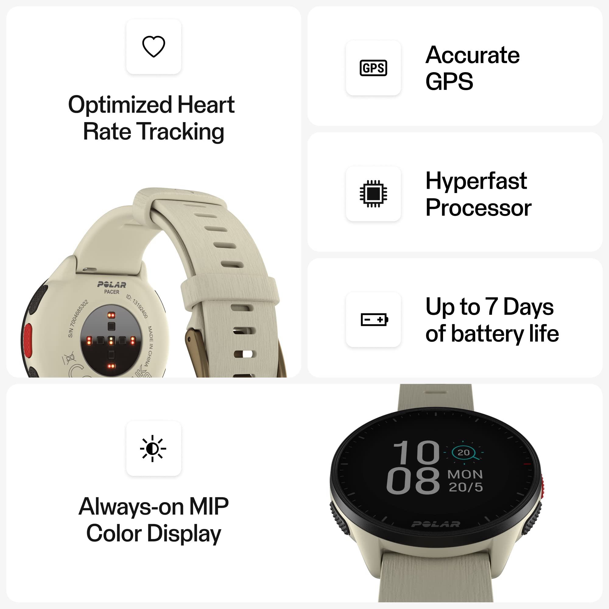 Polar Pacer Ultra-Light Gps Fitness Tracker Smartwatch For Runners; S-L, For Men Or Women, White