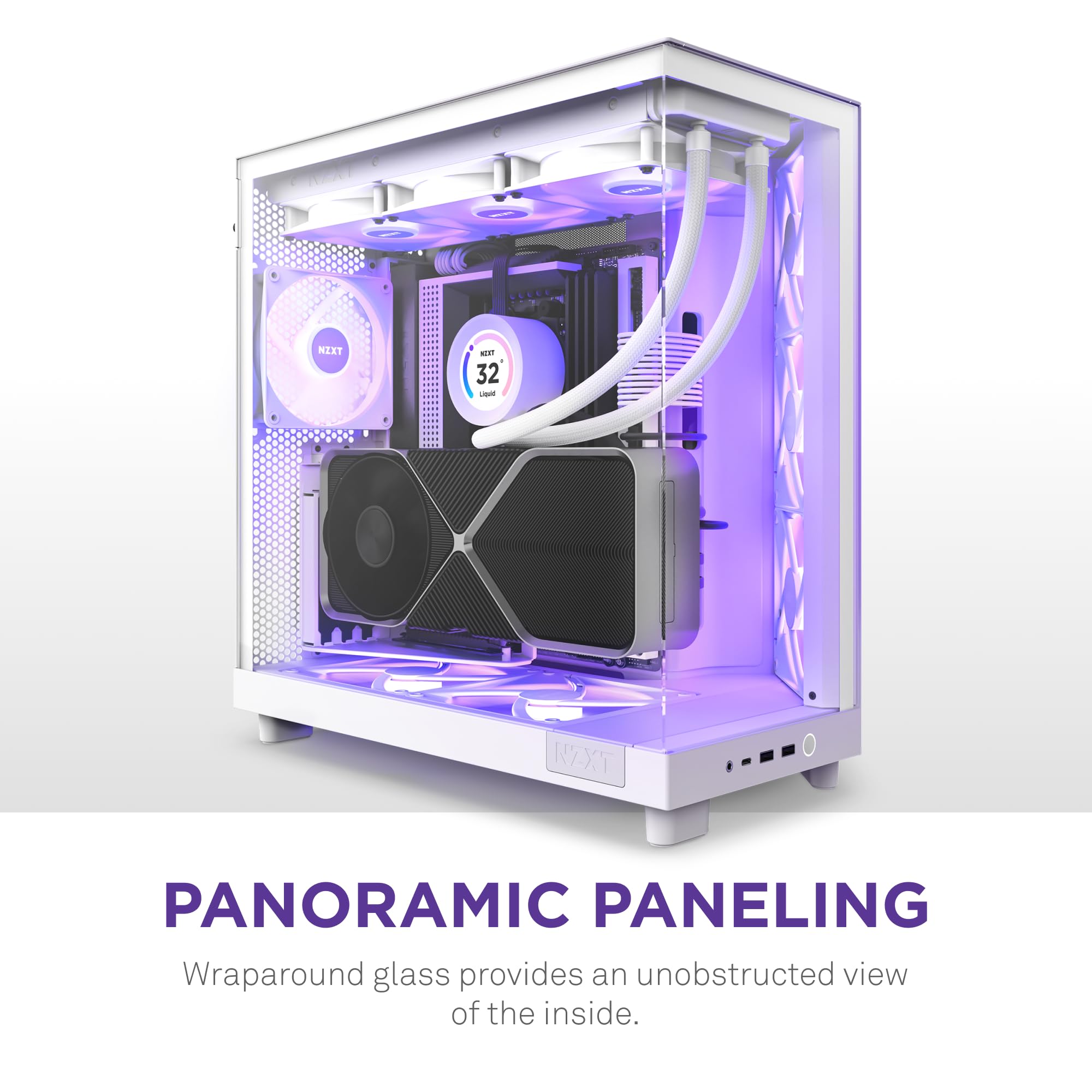 Nzxt H6 Flow Rgb Mid-Tower Airflow Case With 3 Rgb Fans, Panoramic Glass Panels, And Cable Management - White