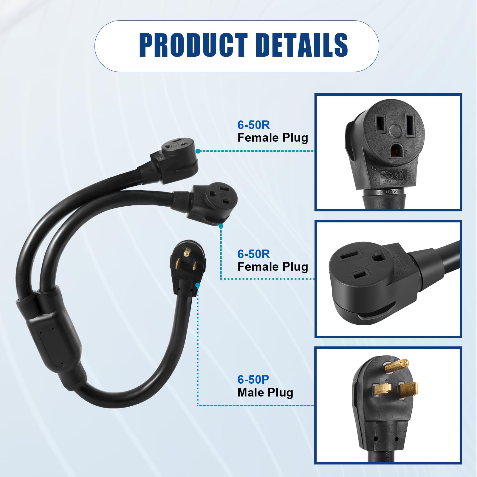 Autobaba 3 Wire Welder 50 Amp Nema 6 50 Splitter Cord, One Nema 6 50P Male Plug To Tow Nema 6 50R Female Plugs Connectors 250V,