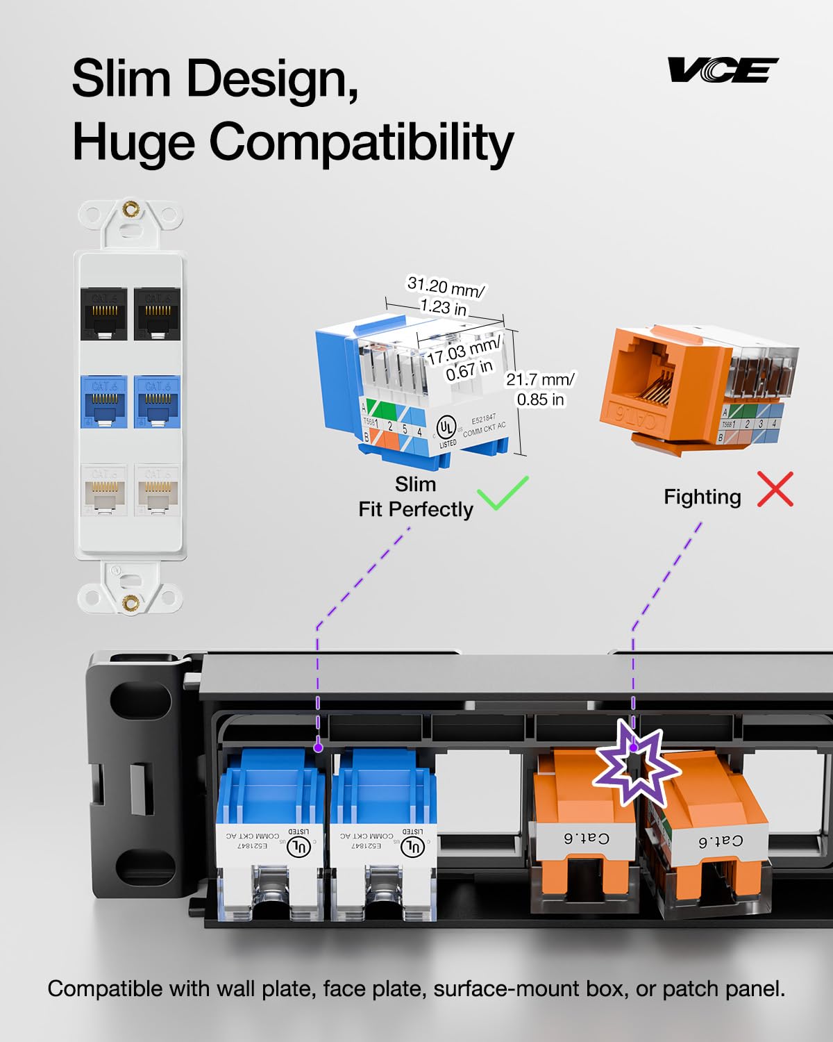 Vce Rj45 Cat6 Keystone Jacks Ul Listed 50 Pack, Utp Ethernet Keystone Jacks With Keystone Punch Down Stand Tool And Wire Strippe