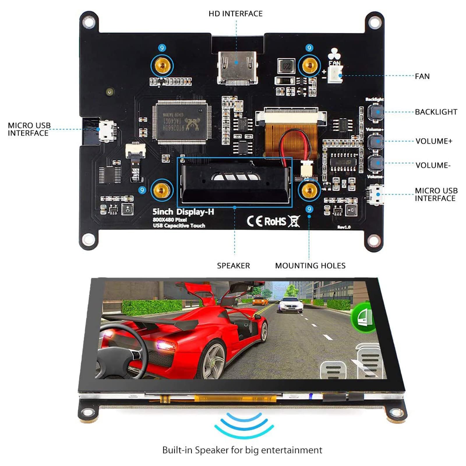 Elecrow 5 Inch Monitor For Raspberry Pi Touchscreen Monitor With Speaker Lcd Display For Raspberry Pi 4 Screen Hdmi Compatible &