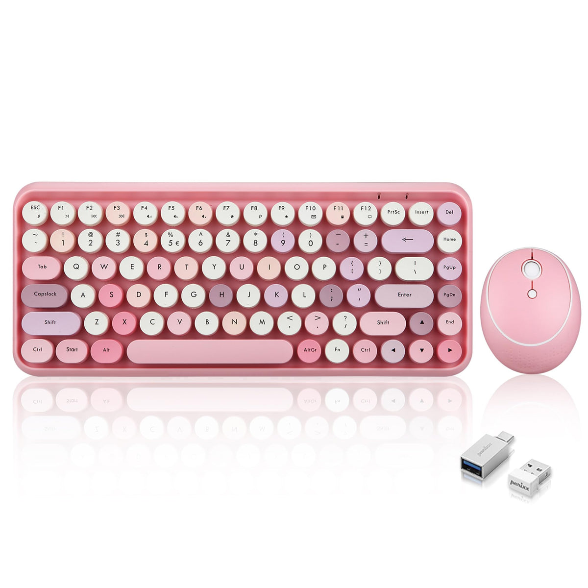 Perixx Periduo 713 Wireless Mini Keyboard And Mouse Combo, Retro Round Key Caps, Pastel Pink, Us English Layout