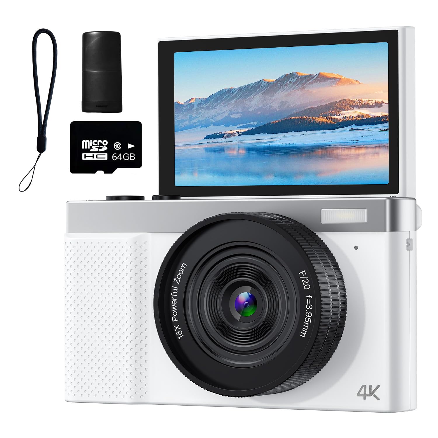 4K Digital Camera, 64Mp Vlogging Camera For Photography With 3'' 180 Flip Screen, 16X Digital Zoom Point And Shoot Camara With 6