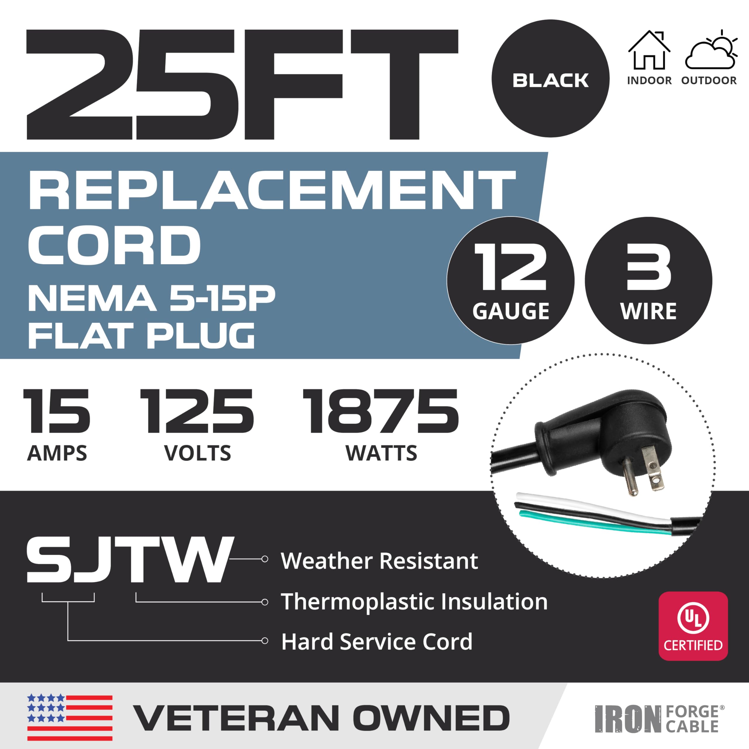 Iron Forge Cable 90 Degree Slim Plug Head Replacement Power Cord With Open End   25 Ft Black,12/3 Sjtw, Cord For Universal Ac Ap