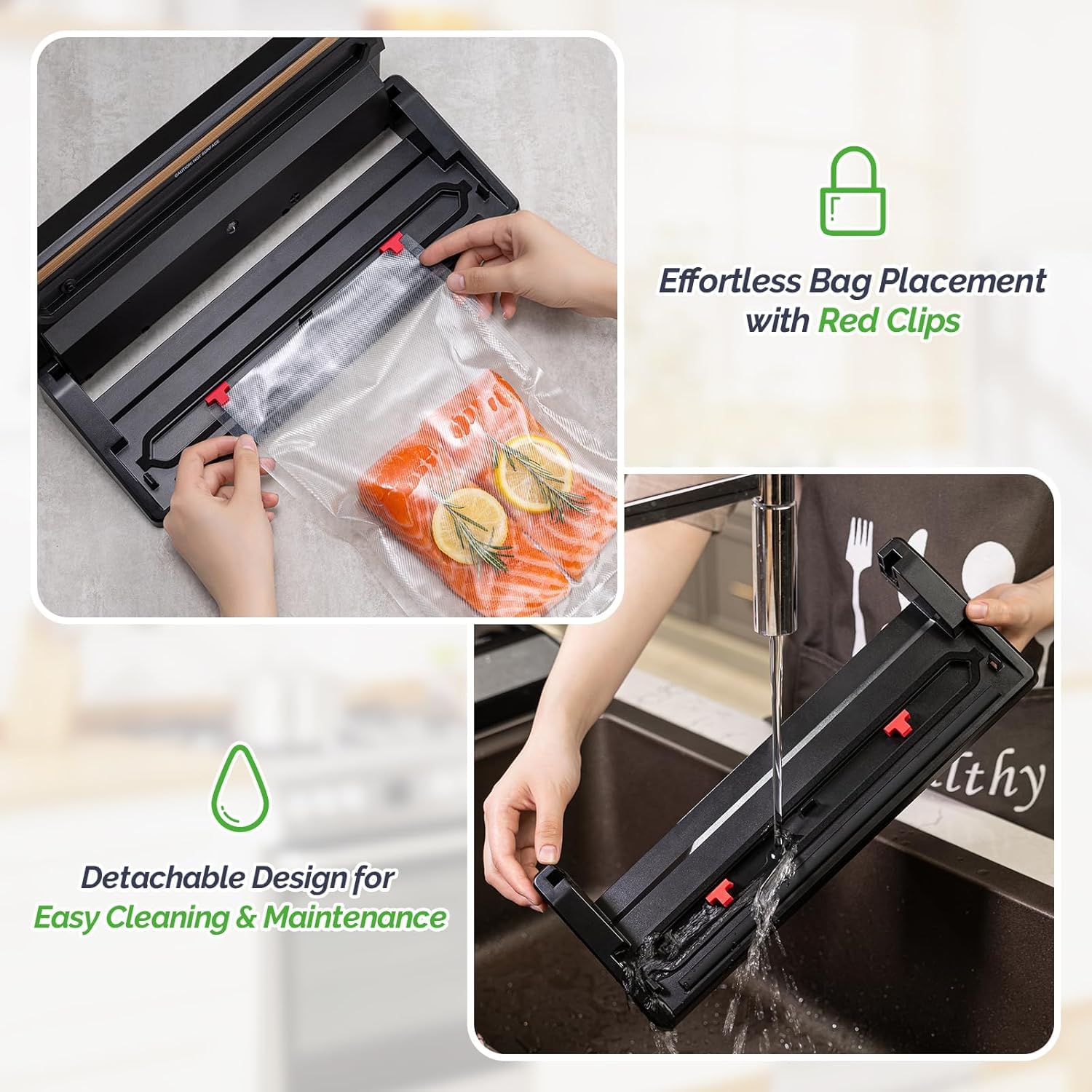 GERYON Vacuum Sealer Machine E2900M - Powerful Suction, Slim Design, Black, 8 Functions, Easy to Use, Includes Starter Kits for Meal Prep