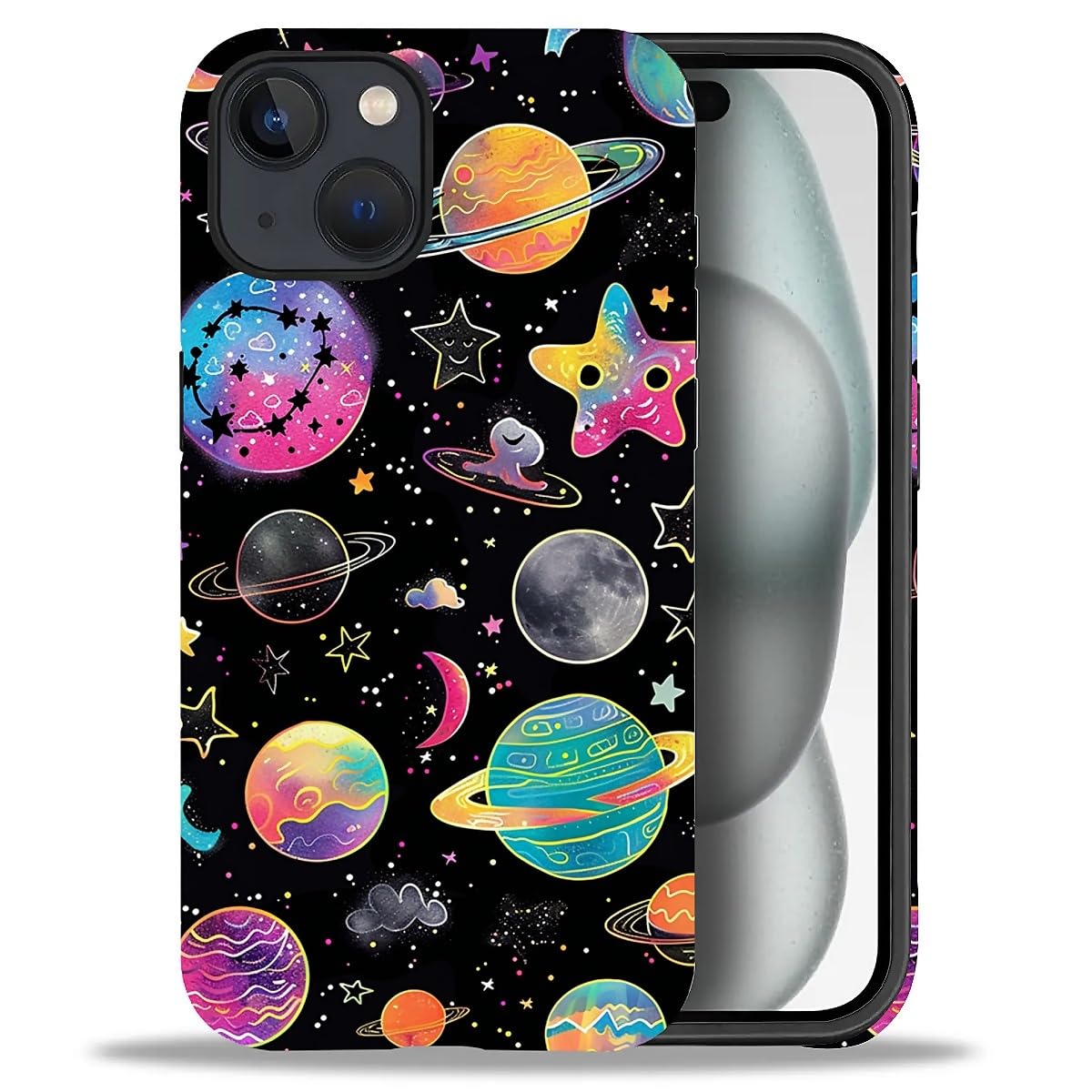 WANKBLC Compatible with iPhone 15 Matte Case, Rainbow Planet Stars Space Pattern for Girl Full Body Design Soft Silicone Drop Sh