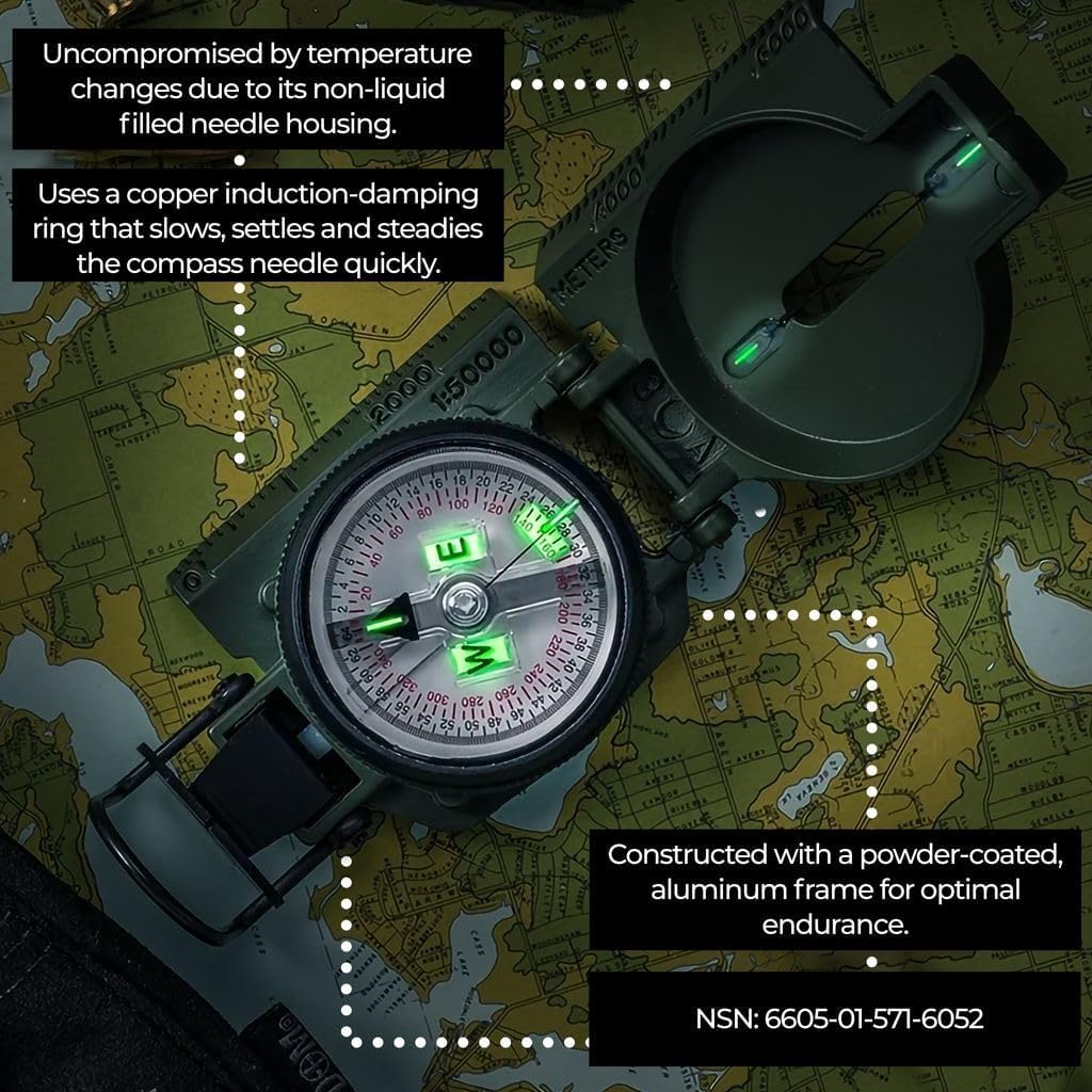Cammenga Compass Military Grade Phosphorescent - Lensatic Compass Shock, Sand, And Waterproof, Tactical, Navigation - Made In Th