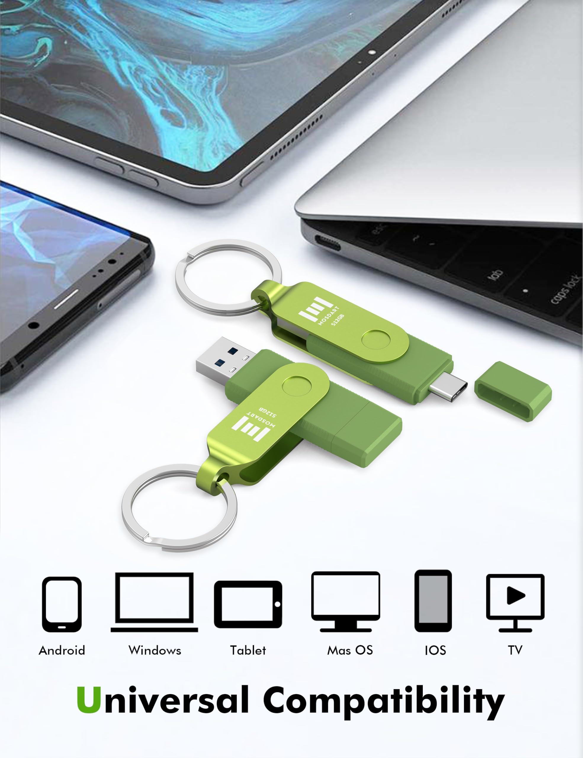 MOSDART 512GB USB C Dual Flash Drive 2-in-1 OTG USB 3.1 150MB/s Green with Keychain