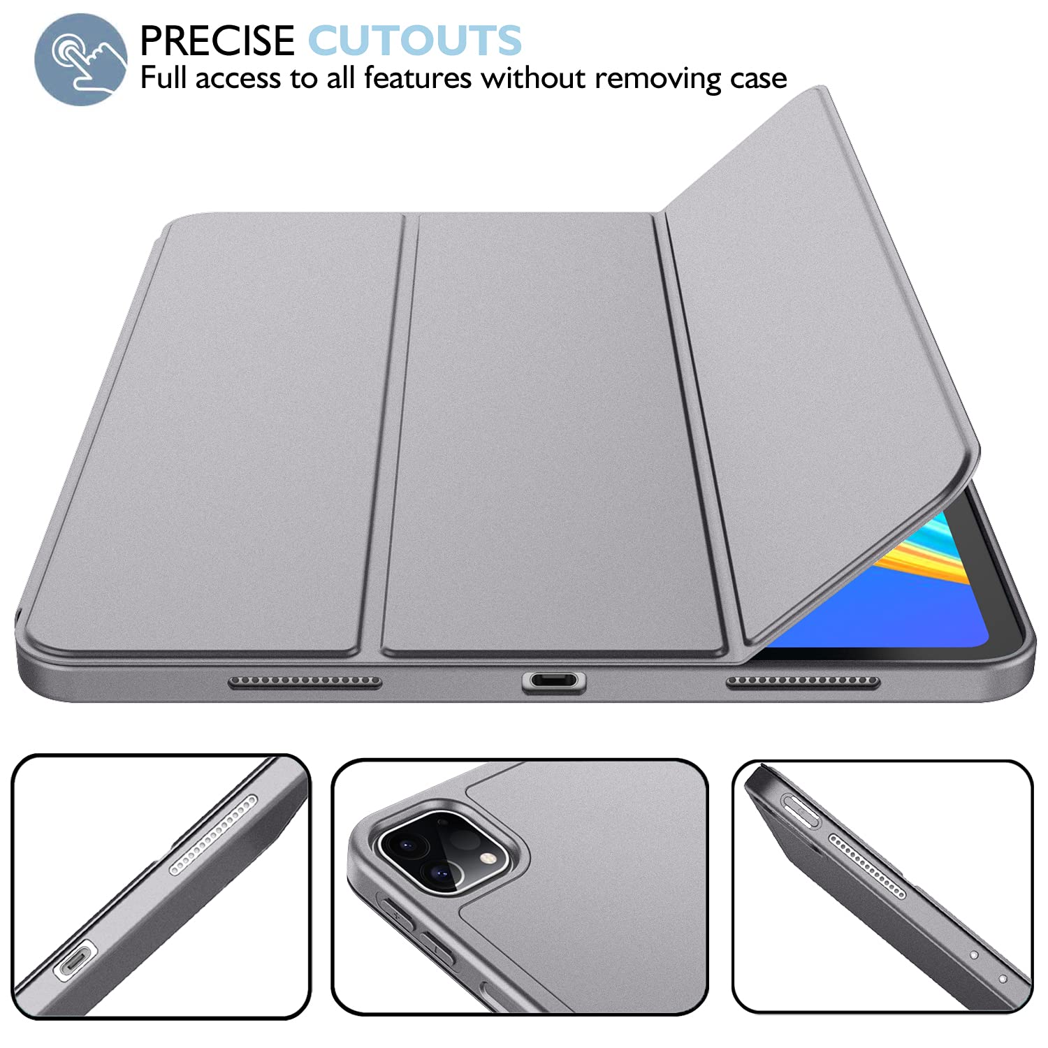 Imieet New Ipad Pro 11 Inch Case 2022(4Th Gen)/ 2021(3Rd Gen) With Pencil Holder [Support Ipad 2Nd Pencil Charging/Pair],Trifold Stand Smart Case With Soft Tpu Back,Auto Wake/Sleep(Silver Gray)