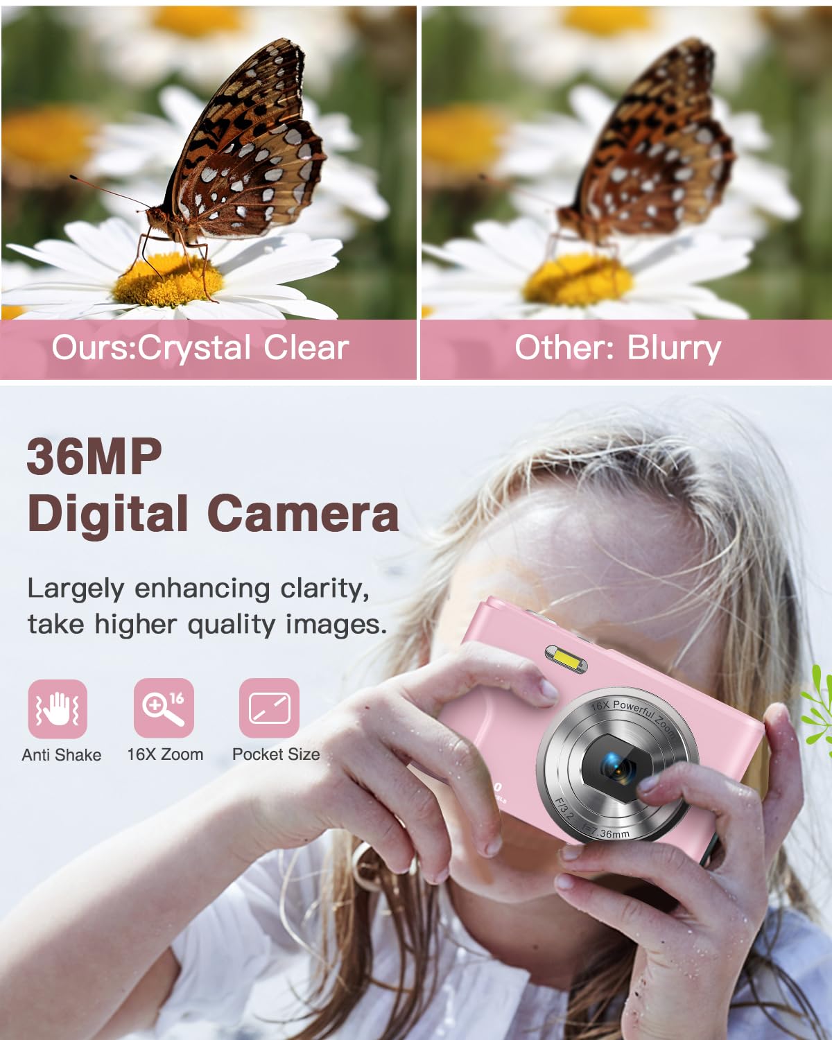Digital Camera, Kids Camera 1080P 36Mp Video Camera With Two Batteries, Time Stamp Antishake 16X Zoom, Compact Portable Camera C