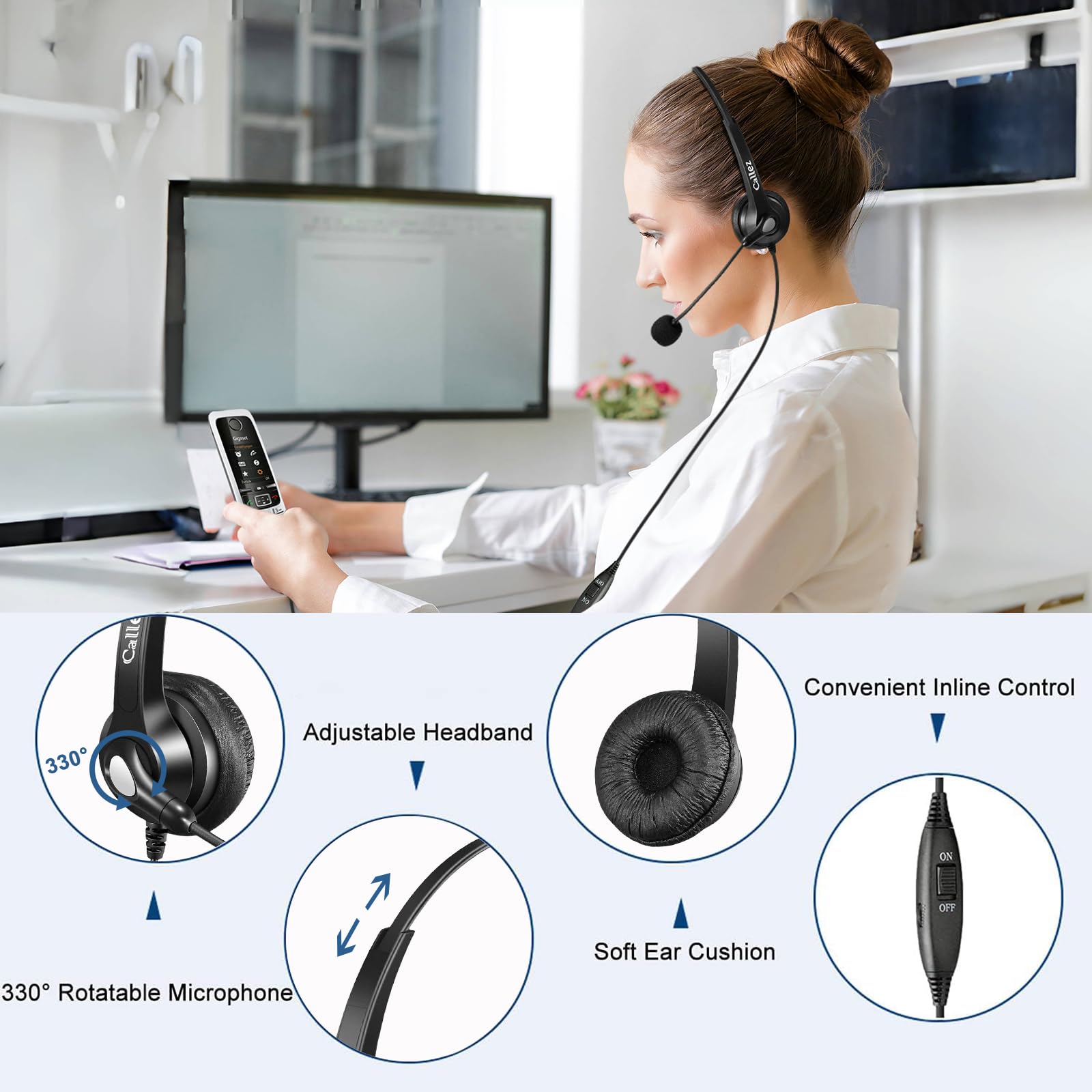 Callez Phone Headset With Noise Cancelling Microphone And Volume Control, Office 2.5Mm Telephone Headsets Compatible With Panaso