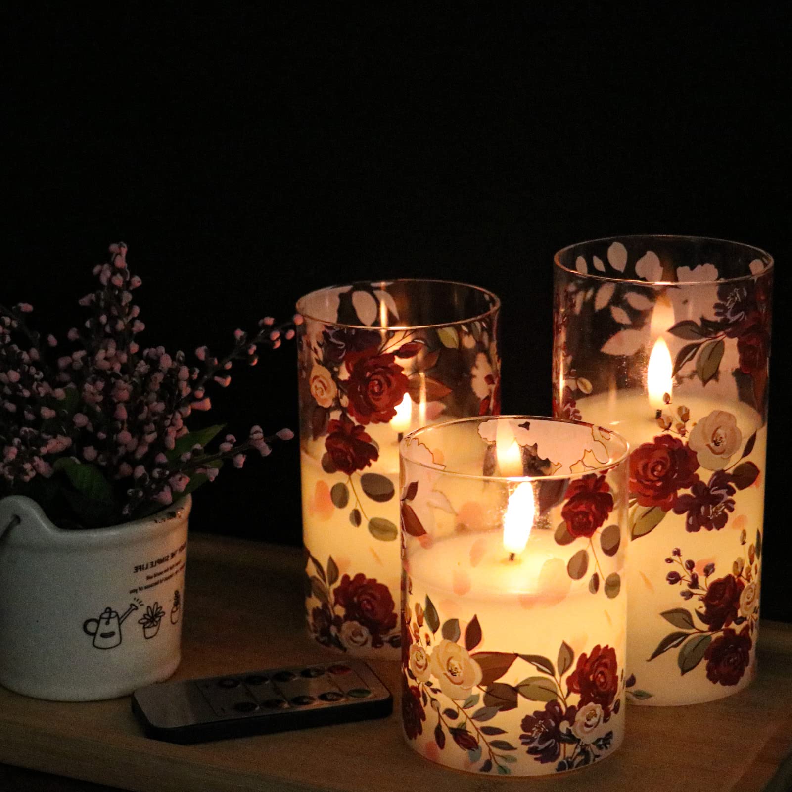 Dromance Battery Operated Glass Flameless Candles With Remote And Timer Real Wax 3D Wick Flickering Rose Led Pillar Candles Wedd