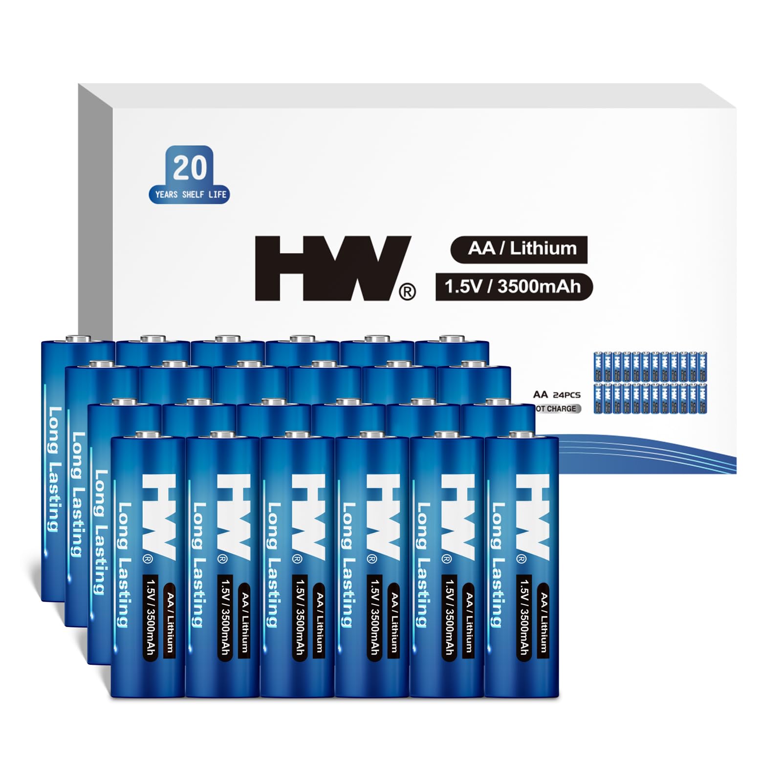 HW Lithium AA Batteries 24 Pack, High Capacity 3500mAh, Non-Rechargeable Long Lasting Double A Batteries 1.5V Constant Volt, Lit