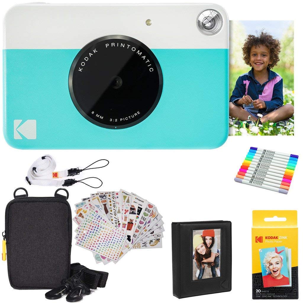 Kodak Printomatic Instant Camera (Blue) Gift Bundle + Zink Paper (20 Sheets) + Case + 7 Sticker Sets + Markers + Photo Album. , 