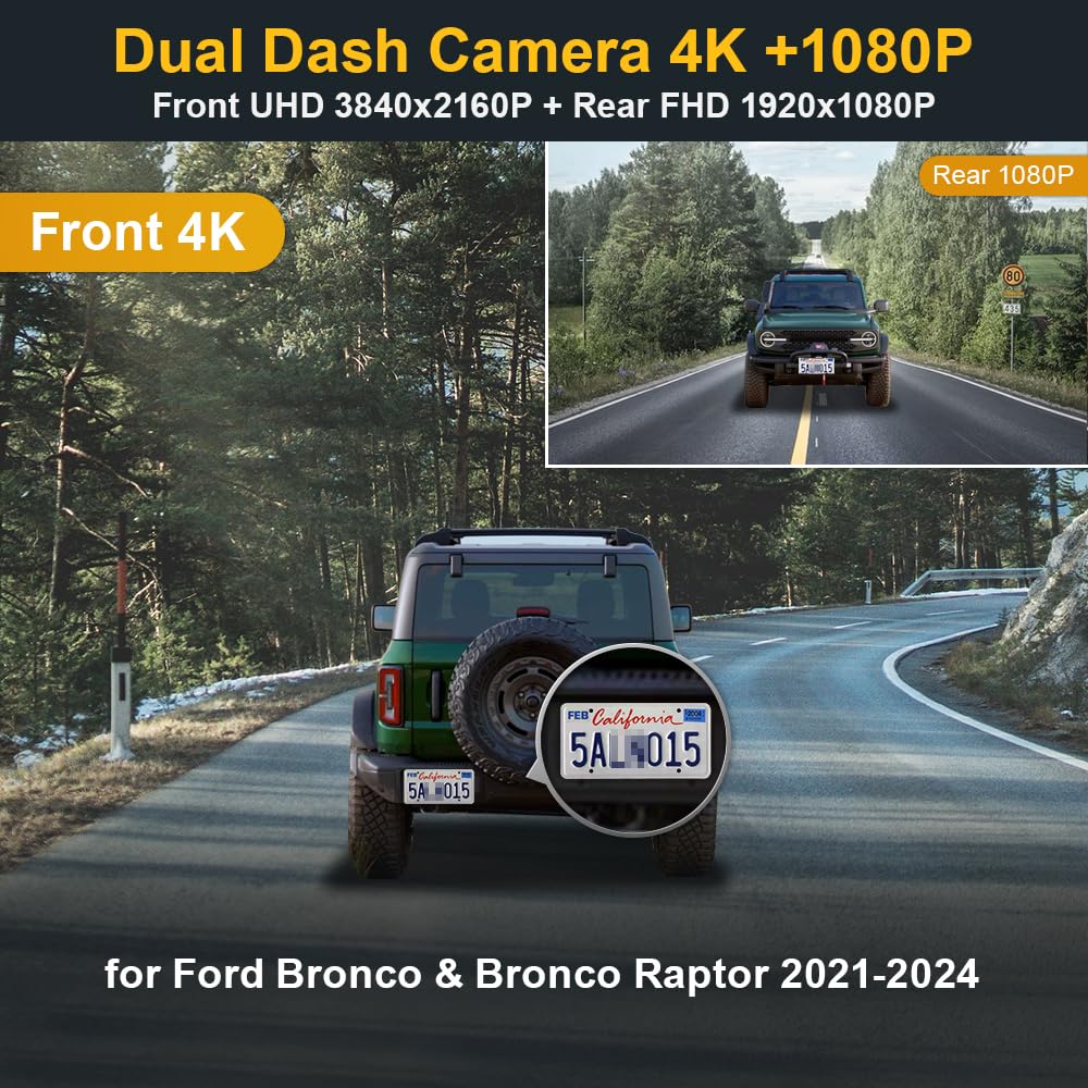 Fitcamx Front 4K+Rear 1080P Dash Cam For 2021 2024 Ford Bronco Base 2 Door 4 Door Big Bend Black Diamond & Rapor 2022 2024 (Gen6