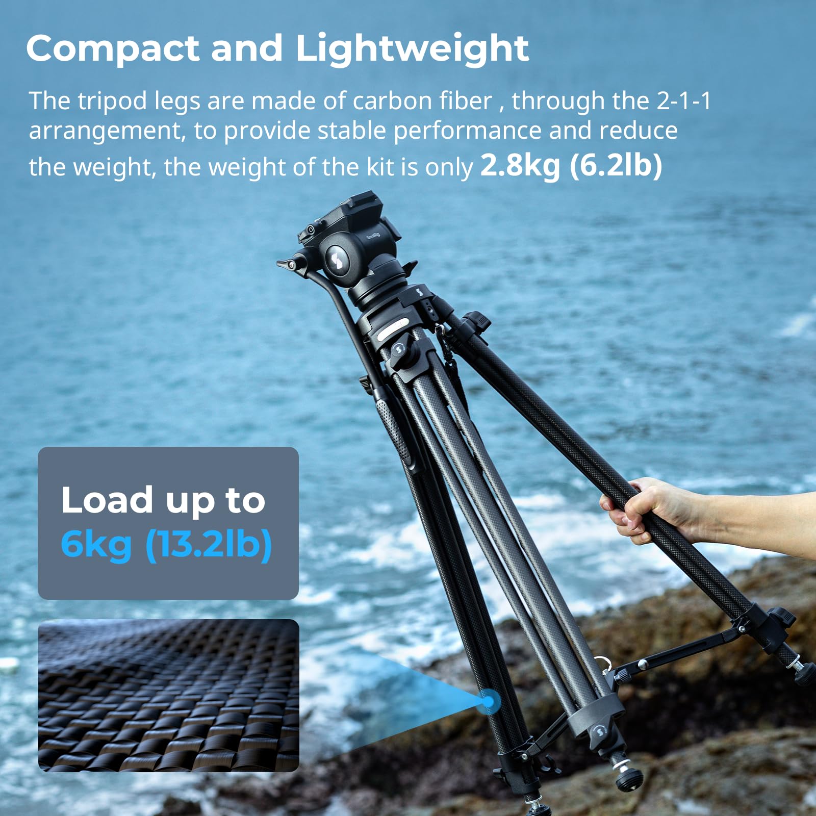 Smallrig Ad-50 Heavy Duty Tripod, Carbon Fiber Video Tripod, 64Lightweight Travel Tripod With Step-Less Damping Fluid Head, Deta