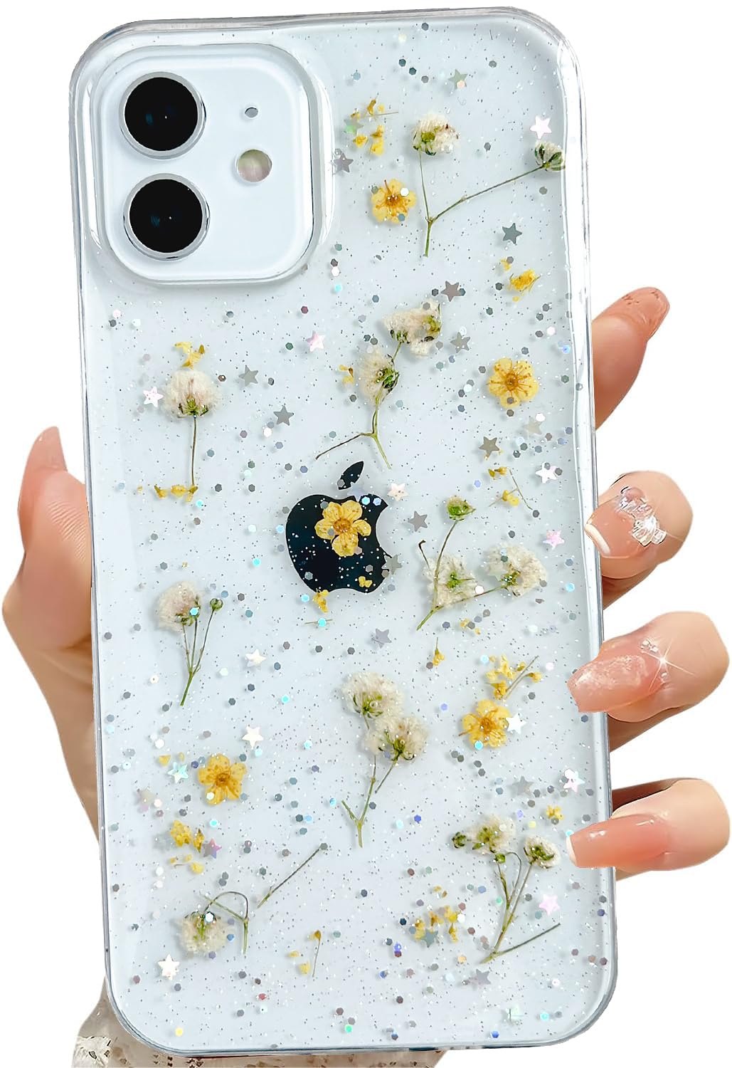 Lseeka For Iphone 12/12 Pro Clear Case With Pressed Real Flowers Design,Glitter Cute Yellow Floral Pattern Slim Soft Tpu Protect