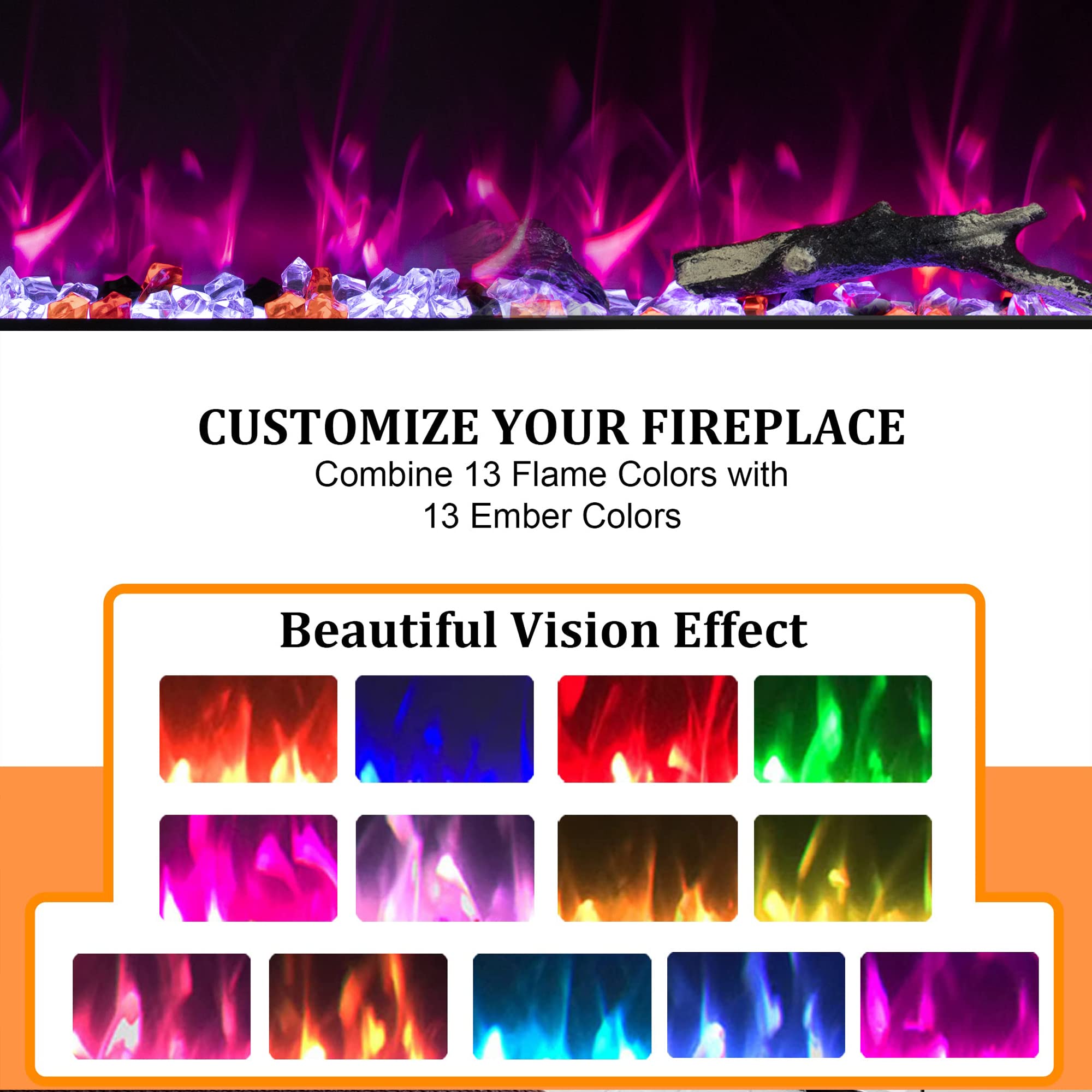 Oxhark Flame 48Inch Electric Fireplace In Wall Recessed And Wall Mounted Fireplace Electric, 13 Flame Colors, Realistic Logs &Cr