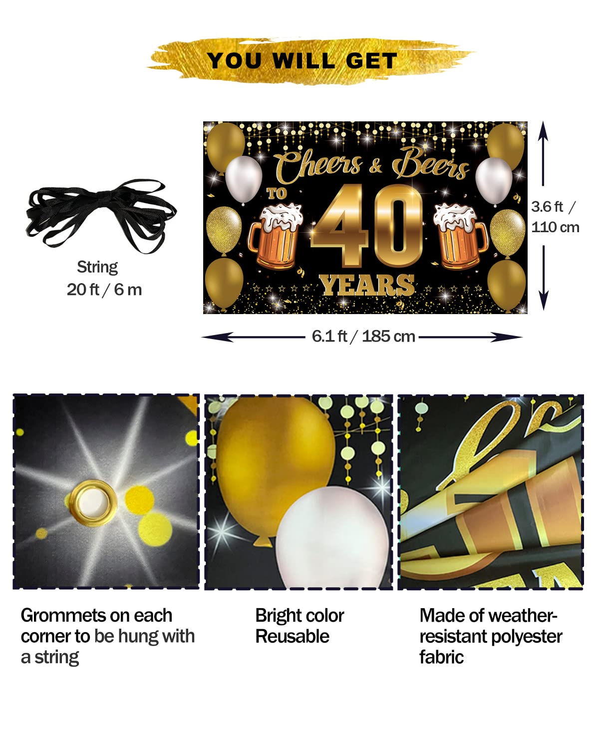 Htdzzi Cheers To 40 Years Banner Backdrop Black Gold, Happy 40Th Birthday Decoration For Men Women, 40 Years Old Birthday Party