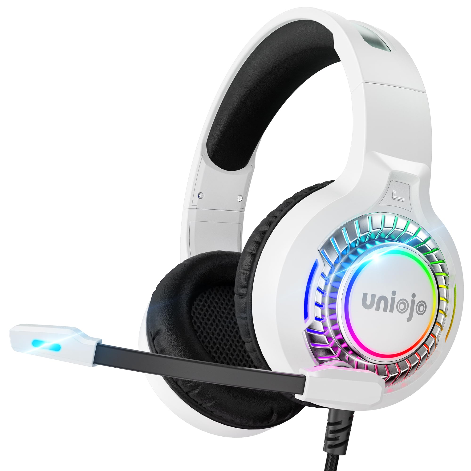 UNIOJO White Gaming Headset for PS5, PS4, PC, Xbox Headset with Noise-Canceling, 7.1 Surround Sound, RGB Light, Memory Foam Ear 