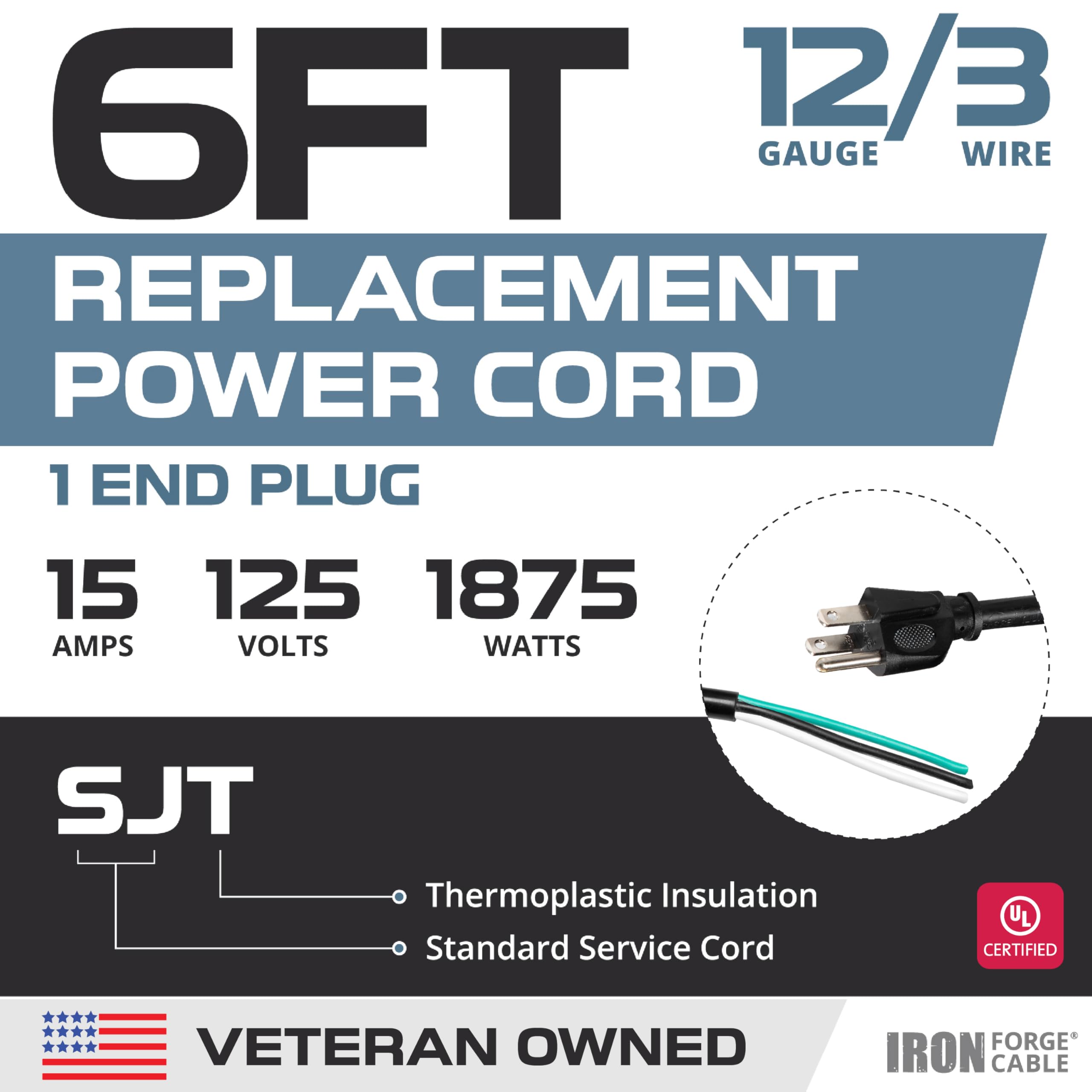 Iron Forge Cable 12 Awg Power Cord Replacement 3 Prong With Open End   15 Amp Black Heavy Duty Extension Cord 6 Ft, Sjt 12/3 Rep
