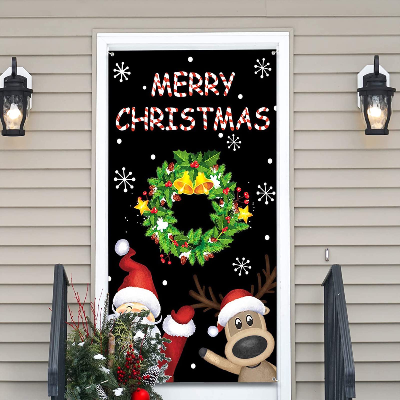 Tatuo Christmas Door Cover Santa Xmas Hanging Cover Xmas Door Cover Banner Reindeer Snowflake Santa Backdrop For Front Door Deco