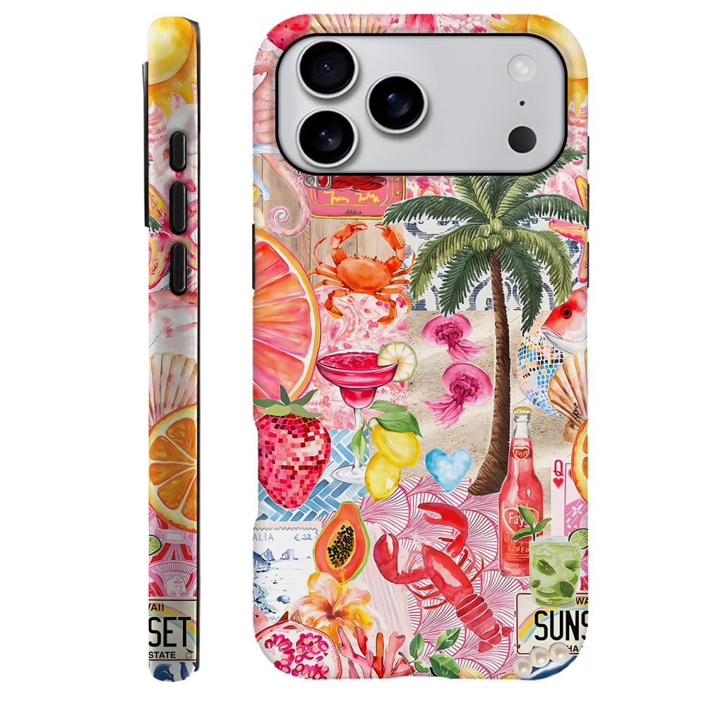 Compatible with iPhone 17 Pro Max,Durable & Shockproof Phone Case Cover Design - Beach Palm Trees Pink Fruits Collage