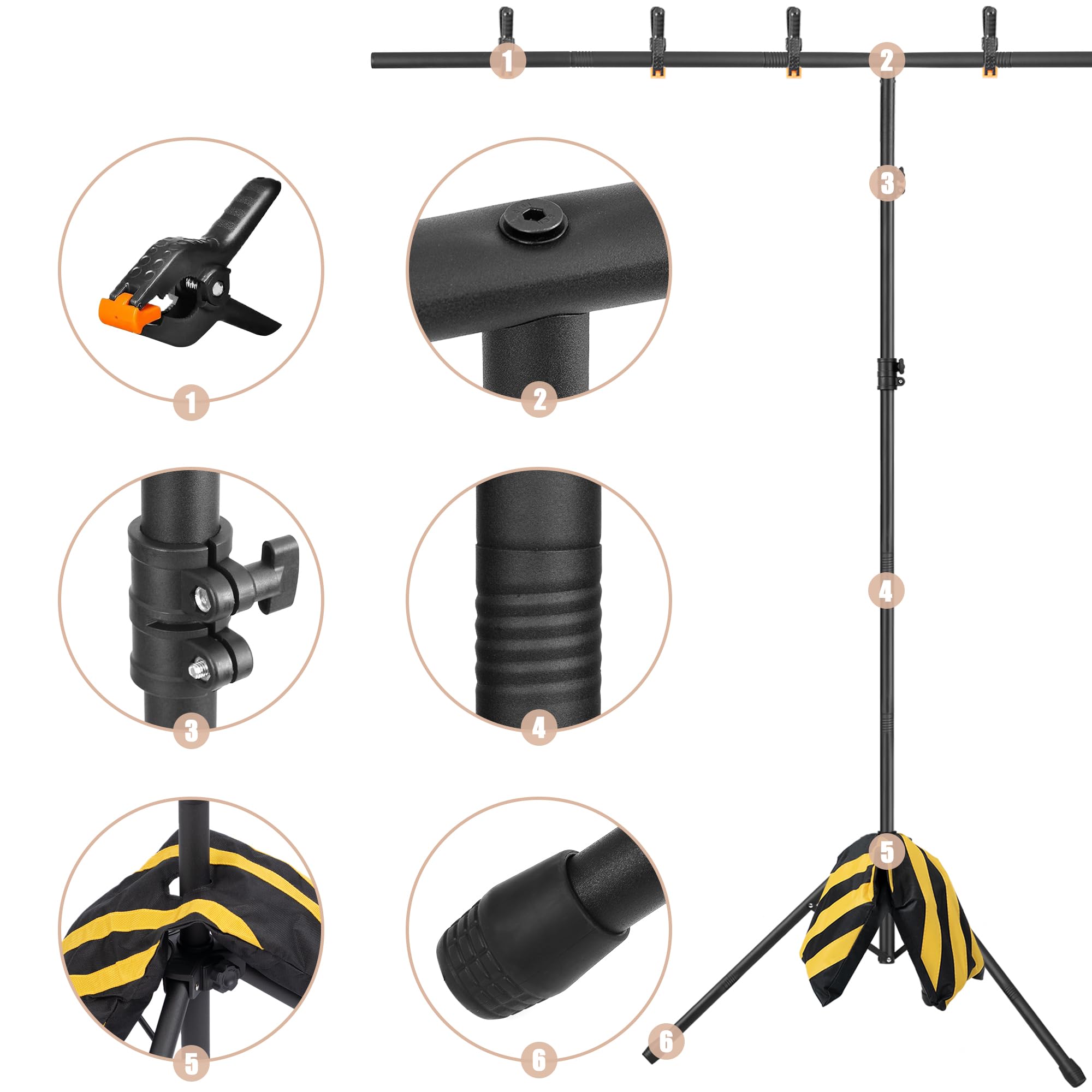 8X5Ft T Shape Backdrop Stand, Adjustable Background Support Stand Kit, Portable Photo Banner Holder With 6 Spring Clamps, Sandba