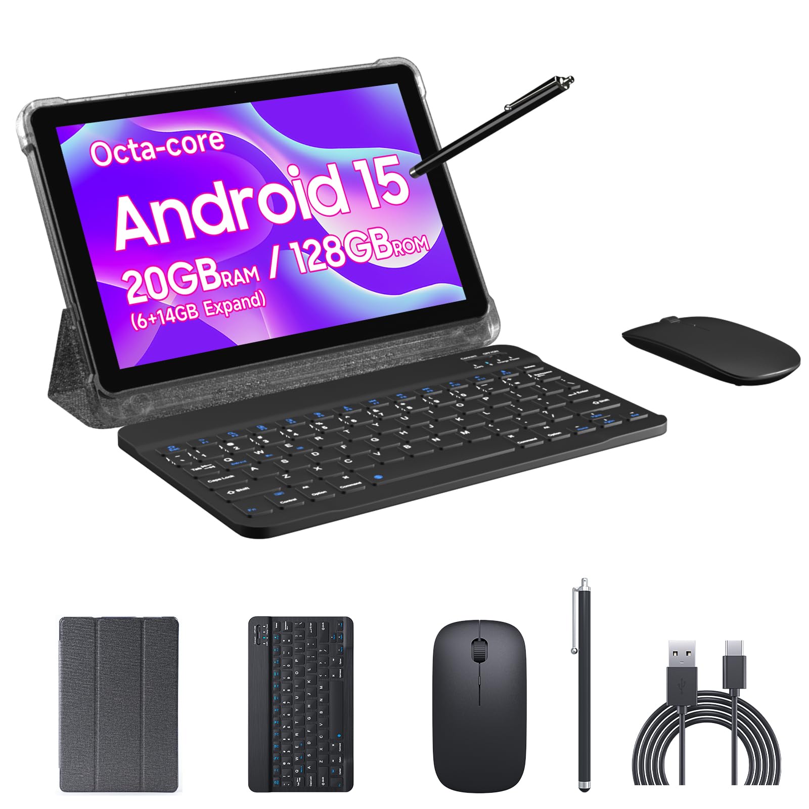 PEICHENG Tablet 10.1 Android15.0, Tab Set with Case/Keyboard/Mouse/Stylus, Octa-core RAM 20GB(6GB+14GB Expand)+ROM 128GB IPS1280