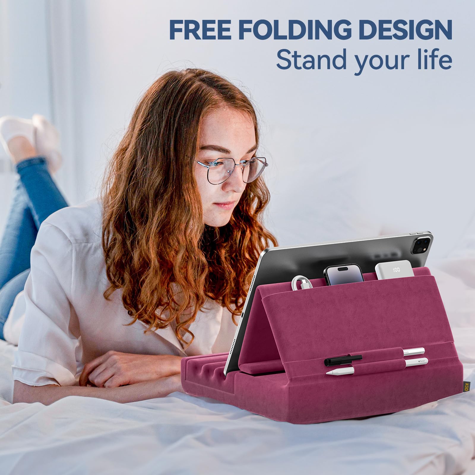 Kdd Tablet Pillow Holder, Foldable Ipad Stand For Lap, Bed And Desk  Tablet Soft Pad Dock With Pocket & Stylus Mount Compatible With Ipad Pro 12.9, 10.5, 9.7 Air Mini 6 5 4 3, Galaxy Tab, E Reader