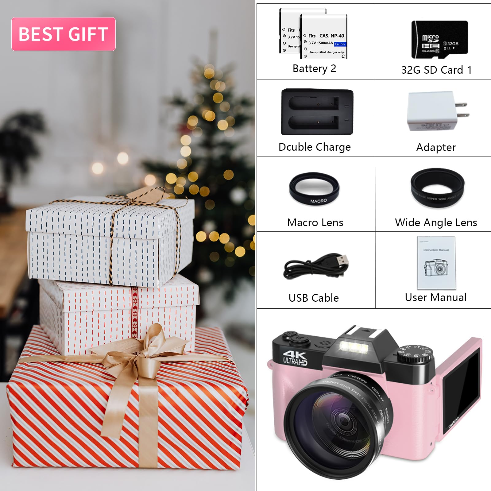 Vetek Digital Cameras For Photography, 4K 48Mp Vlogging Camera 16X Digital Zoom Manual Focus Students Compact Camera With 52Mm Wide Angle Lens & Macro Lens, 32G Micro Card And 2 Batteries (Pink)