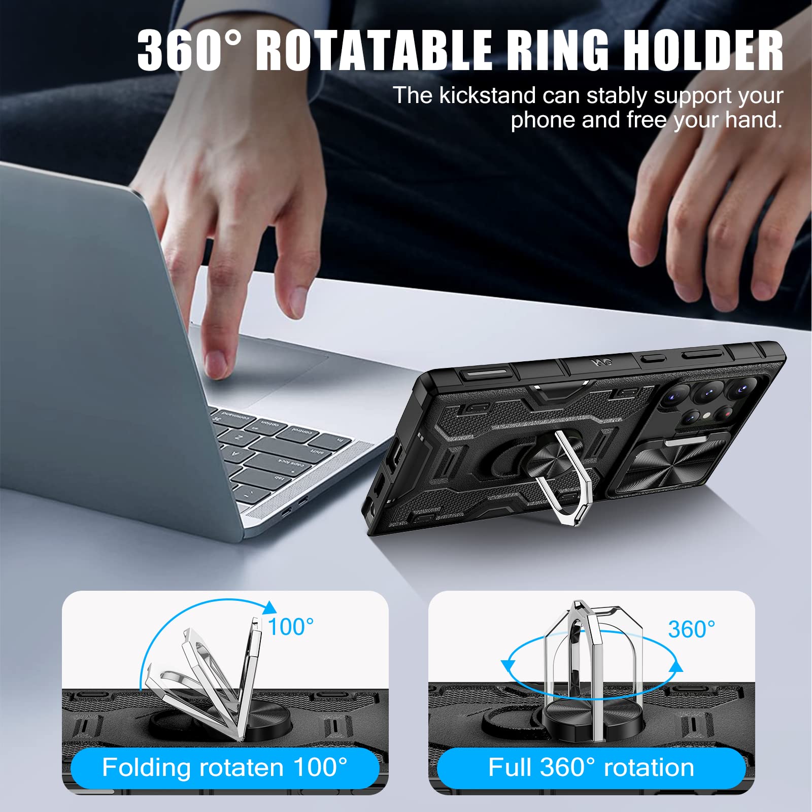 Caka For Galaxy S23 Ultra Case With Stand & Slide Camera Cover & Belt Clip Holster, Built In 360 Rotate Ring Holder Magnetic Pro