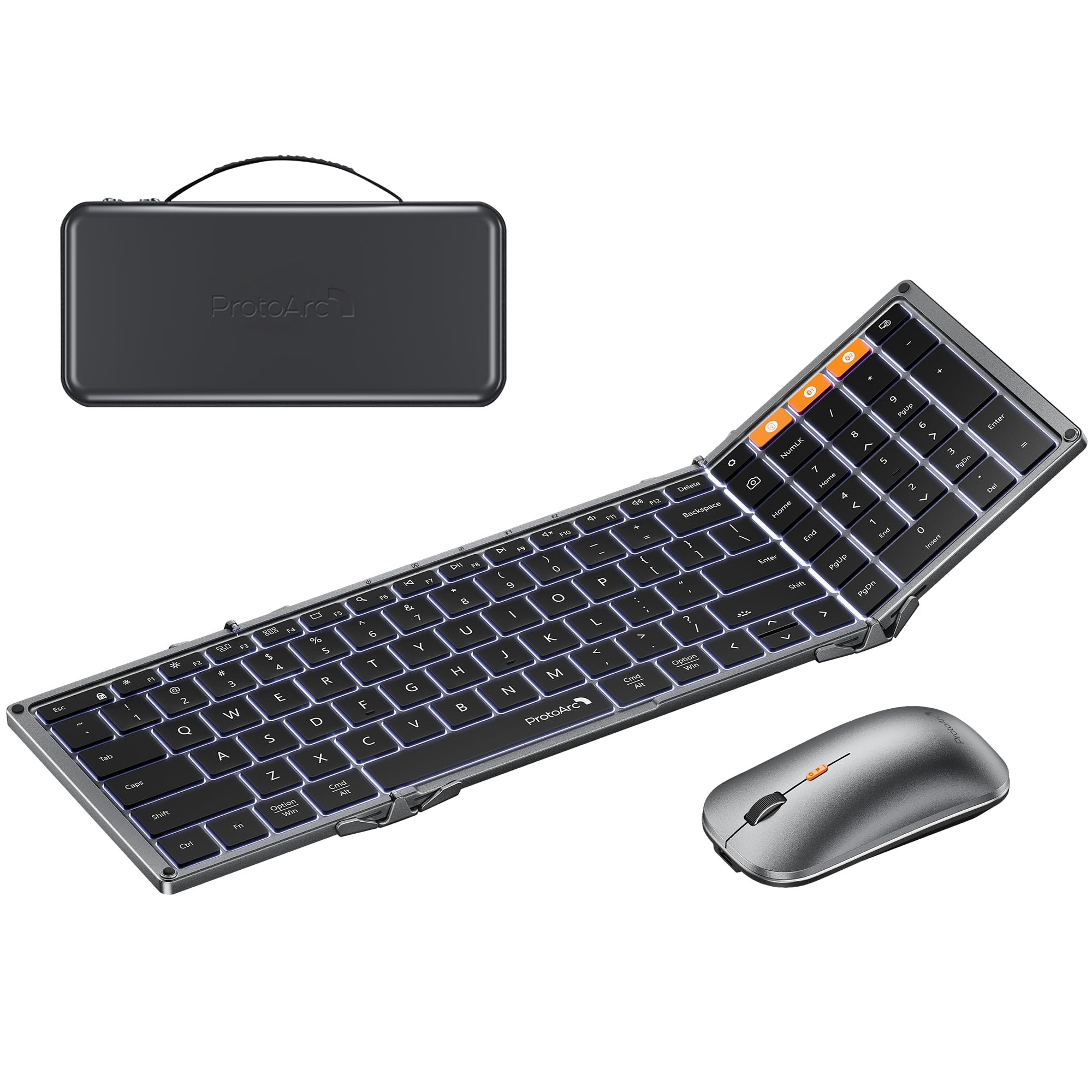 ProtoArc XKM01 Pro Backlit Foldable Keyboard and Mouse, Full Size, Gray