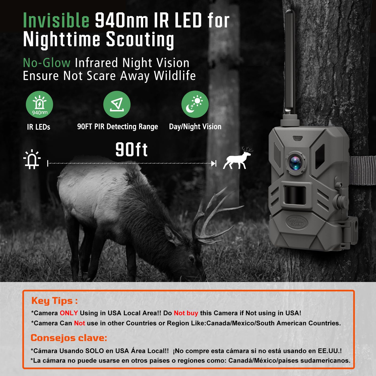 Outdoor Expert 4G Cellular Trail Camera,36Mp Hunting Camera With No Glow 940Nm Ir Led Night Vision,Hd Video Ip66 Waterproof Game