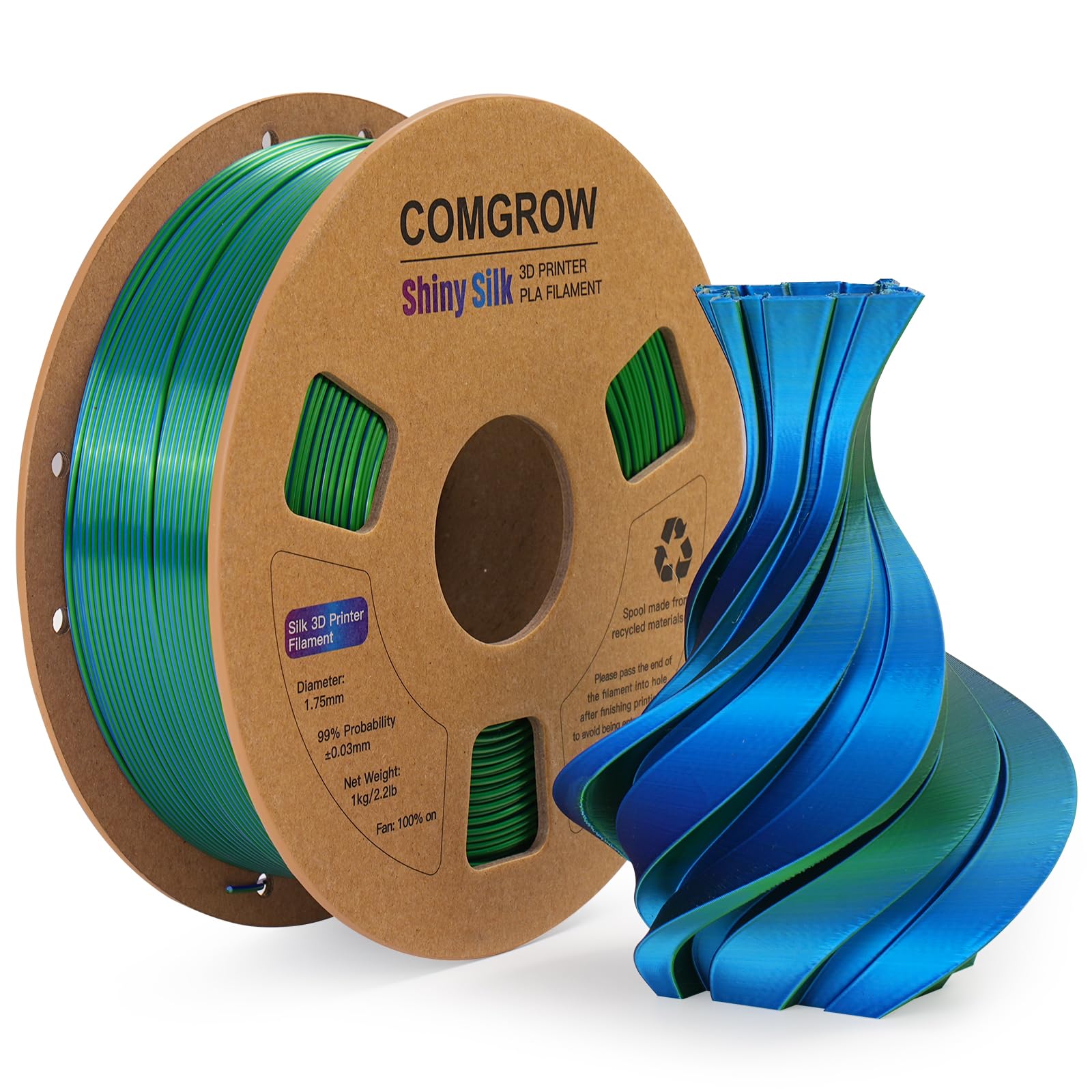 Comgrow Silk Pla 3D Printer Filament, Dual Color 2 In 1 Green And Blue, 3D Printing Pla Filament 1.75Mm, Dimensional Accuracy +/