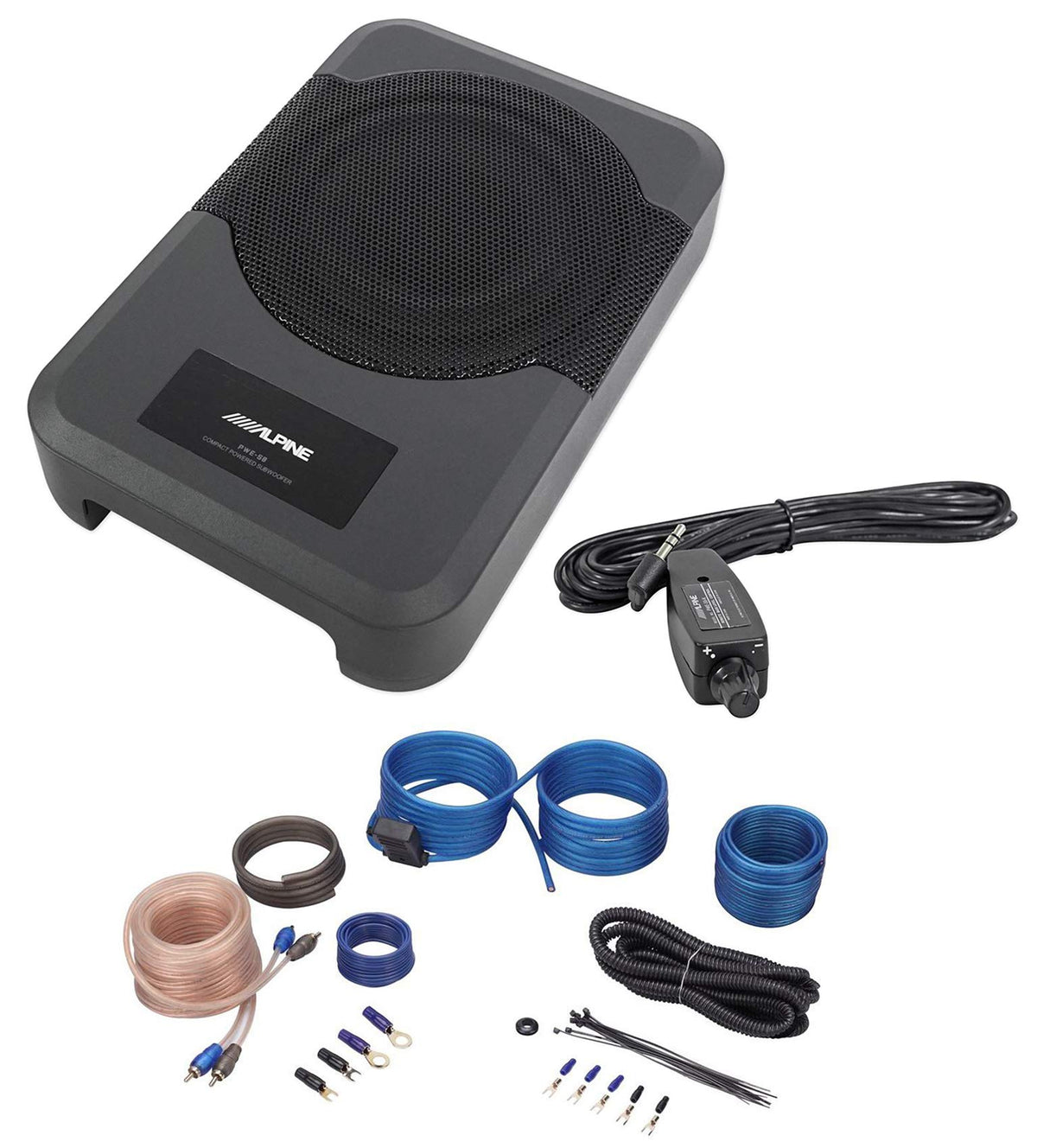 Alpine Pwe S8 Slim Under Seat 8'' 120 Watt Powered Active Car Truck Subwoofer Bundle With Rockville Rwk10 10 Gauge Amp Installat
