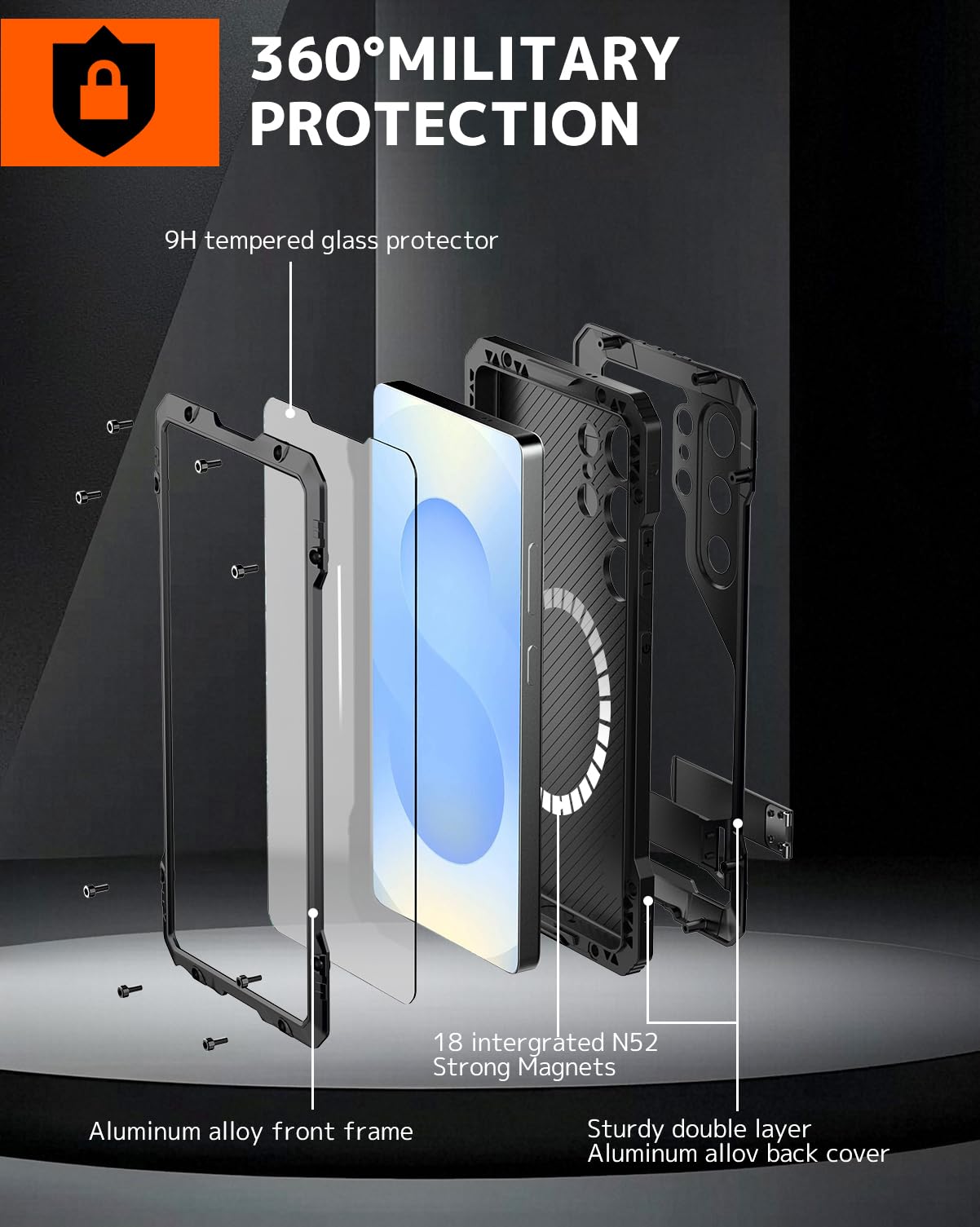 Ninki For Samsung Galaxy S25 Ultra Case Metal With Kickstand And Screen Protector,3 Layers Full Body Shockproof Dustproof Alumin