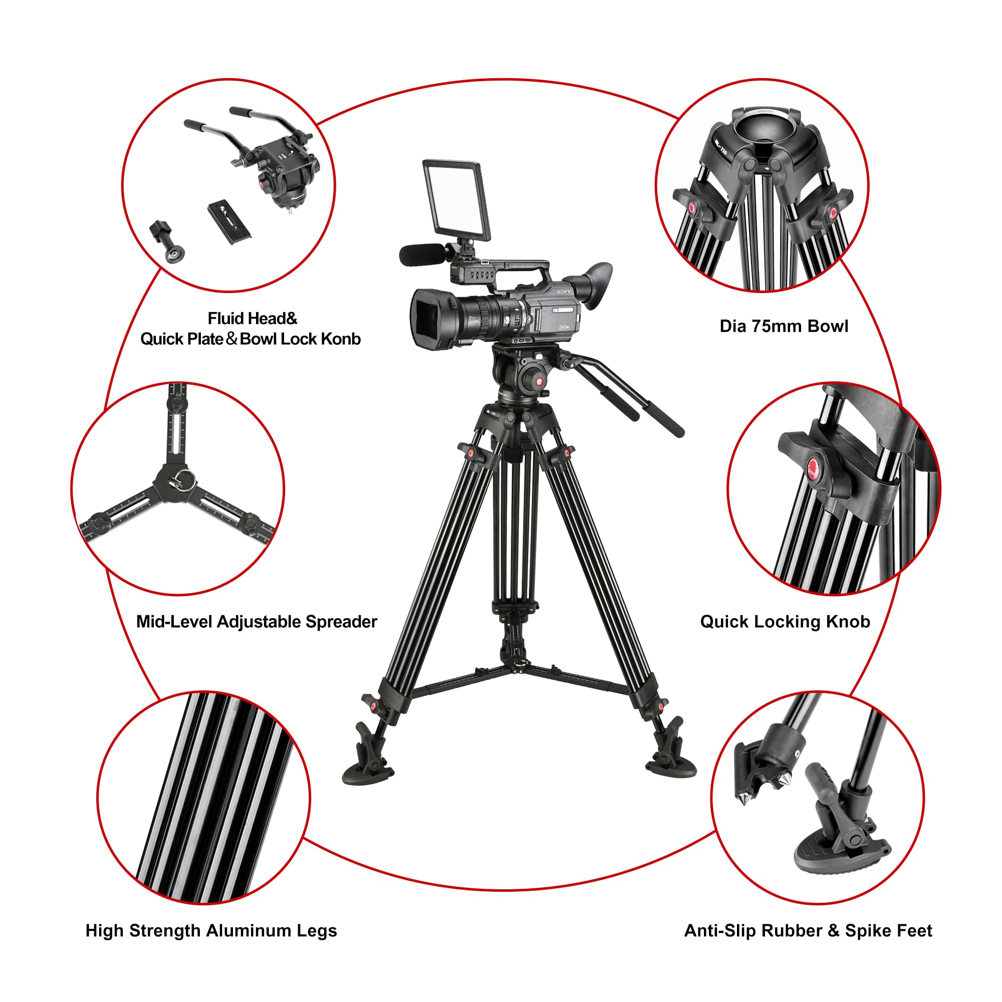 Magicline 65.7 Inch Heavy Duty Aluminum Video Camera Tripod With Fluid Head, 2 Pan Bar Handles, Adjustable Mid-Level Spreader,Qr