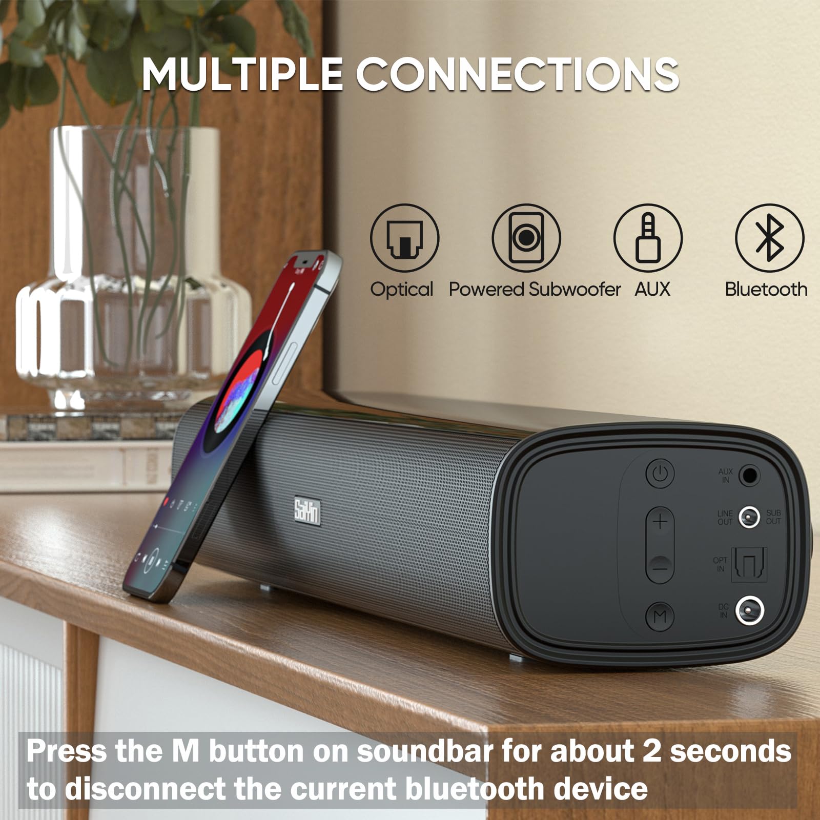 Saiyin Sound Bar,17 Inch Sound Bar For Smart Tv With Bluetooth 5.3/Optical/Aux Connection, Soundbar For Tv/Pc/Gaming/Projectors,