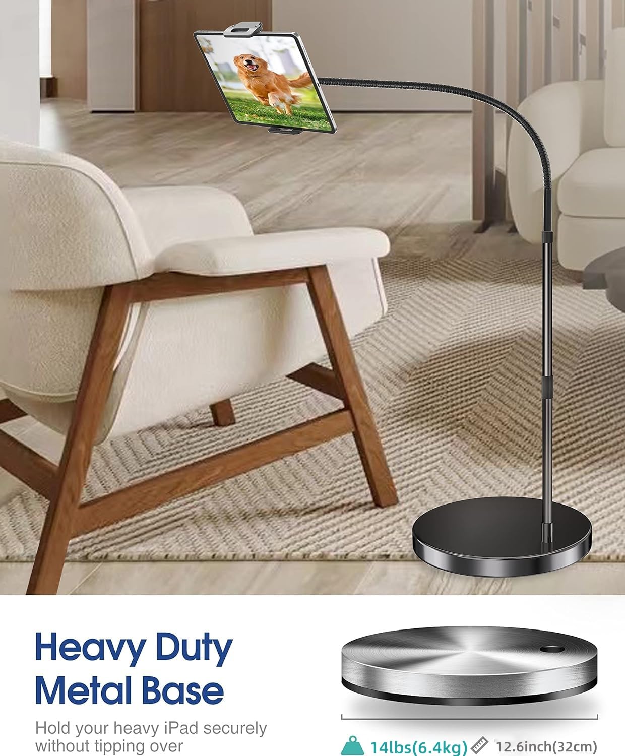 Elitehood Ipad Stand Floor With 14Lb Heavy Duty Base, Adjustable Gooeneck Tablet Floor Stand, Tall Ipad Stand For Bed Compatible With 4.7 13In Kindle, Iphone And Tablets