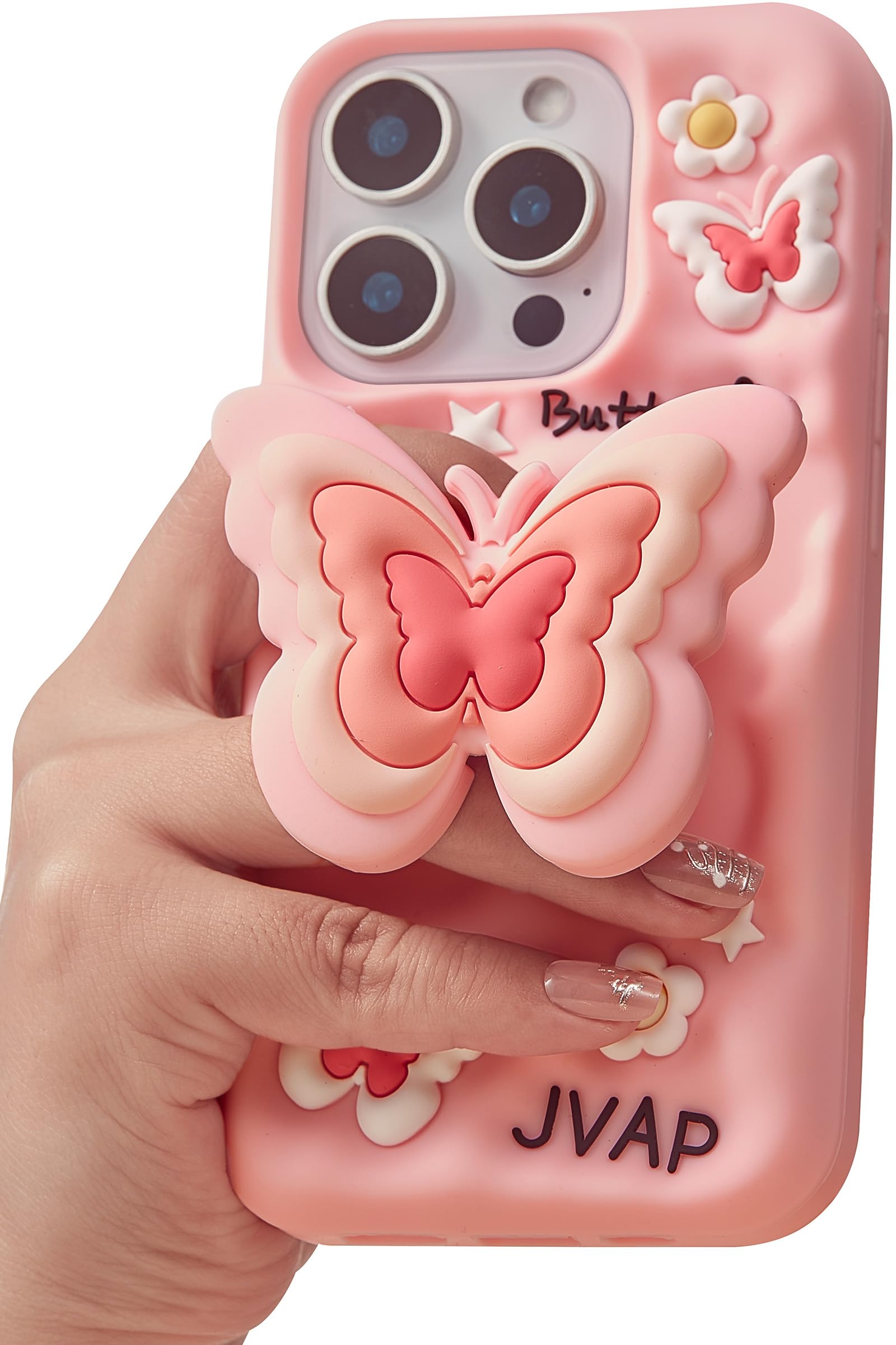 TUFTA Kawaii 3D Butterfly Phone Case for iPhone 15 Pro Max (with Retractable Phone Stand & Grip) Cute Girly Cartoon Soft Silicon