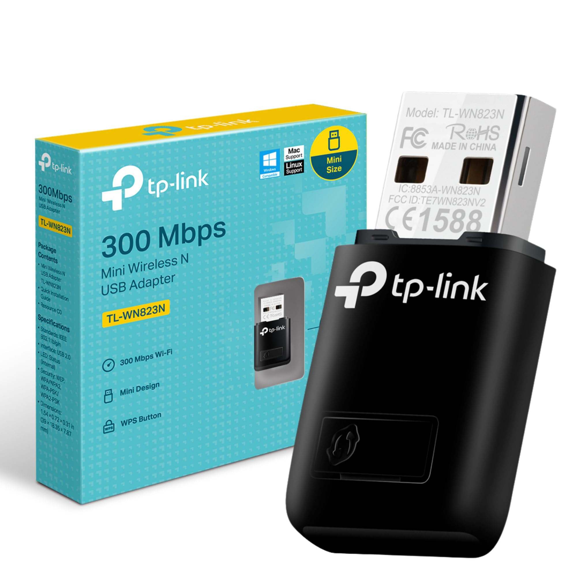 TPLink TLWN823N N300 Mini USB Wireless WiFi network Adapter for pc, Ideal for Raspberry Pi,Black
