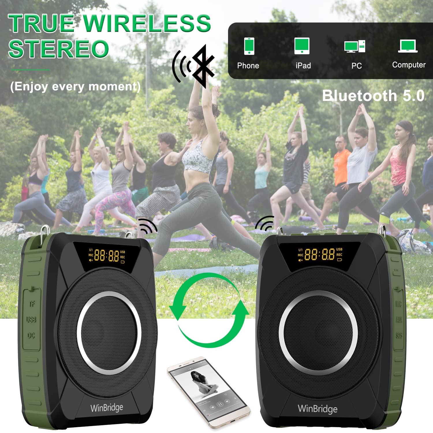 Bluetooth 5.0 Voice Amplifier With Wireless Mic Headset, Waterproof Personal Microphone Wireless Voice Amplifier, 20W Loudly Por