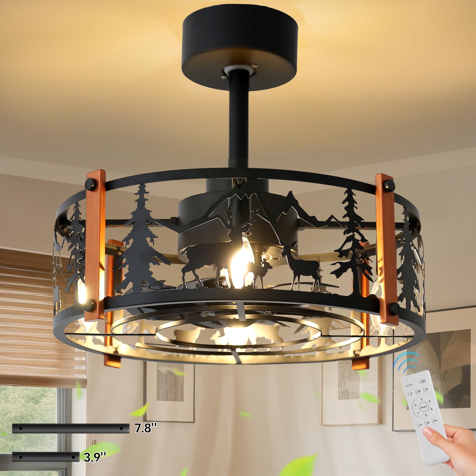 Rustic Farmhouse Ceiling Fan with Light, 18.9 Caged Fandelier with Forest & Deer Design, 6-Speed Reversible Quiet Motor, Remote 