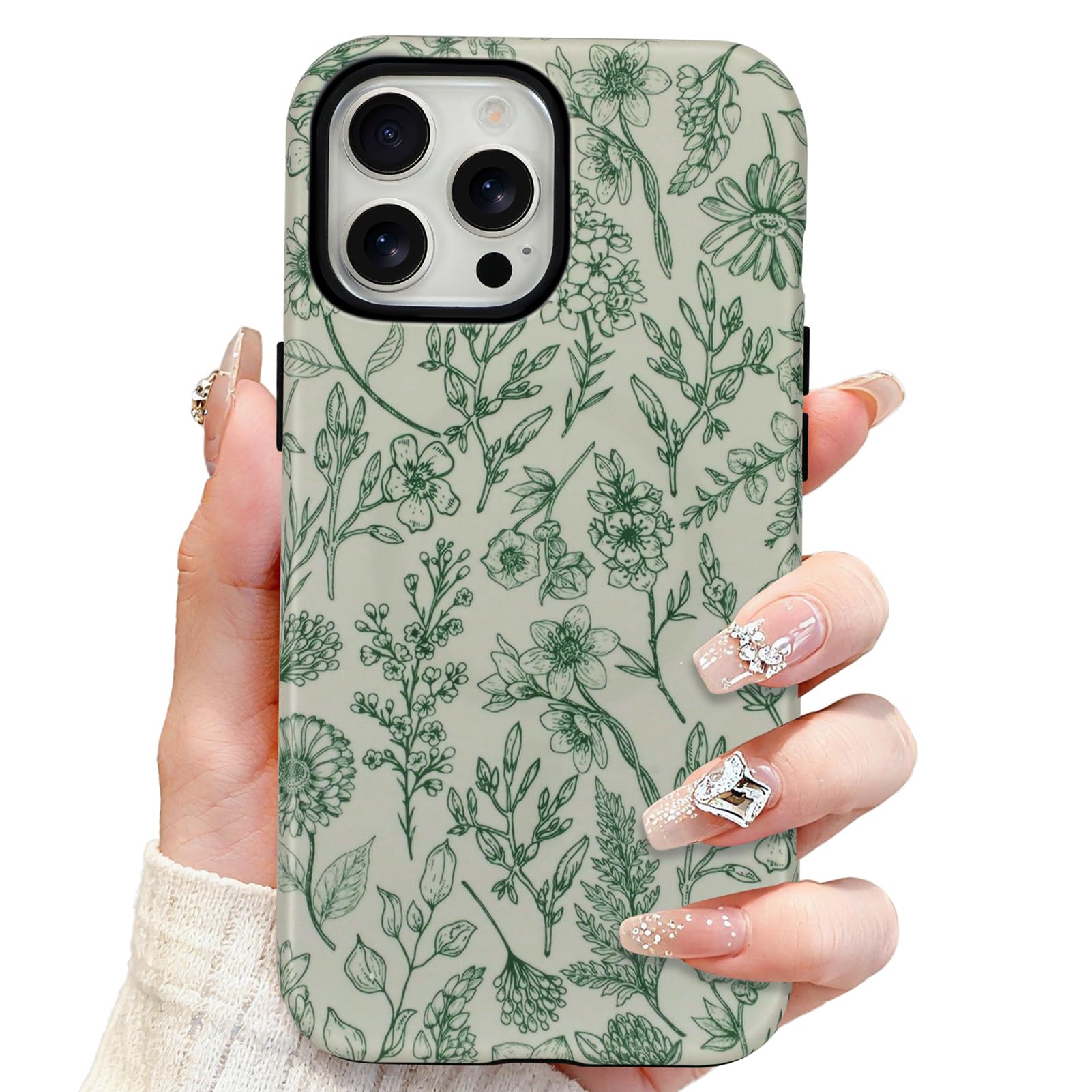 SOKAD Magnetic Sage Floral Phone Case for iPhone 13 Pro, Vintage Green Flower Pattern Compatible with Magsafe Matte Protective C
