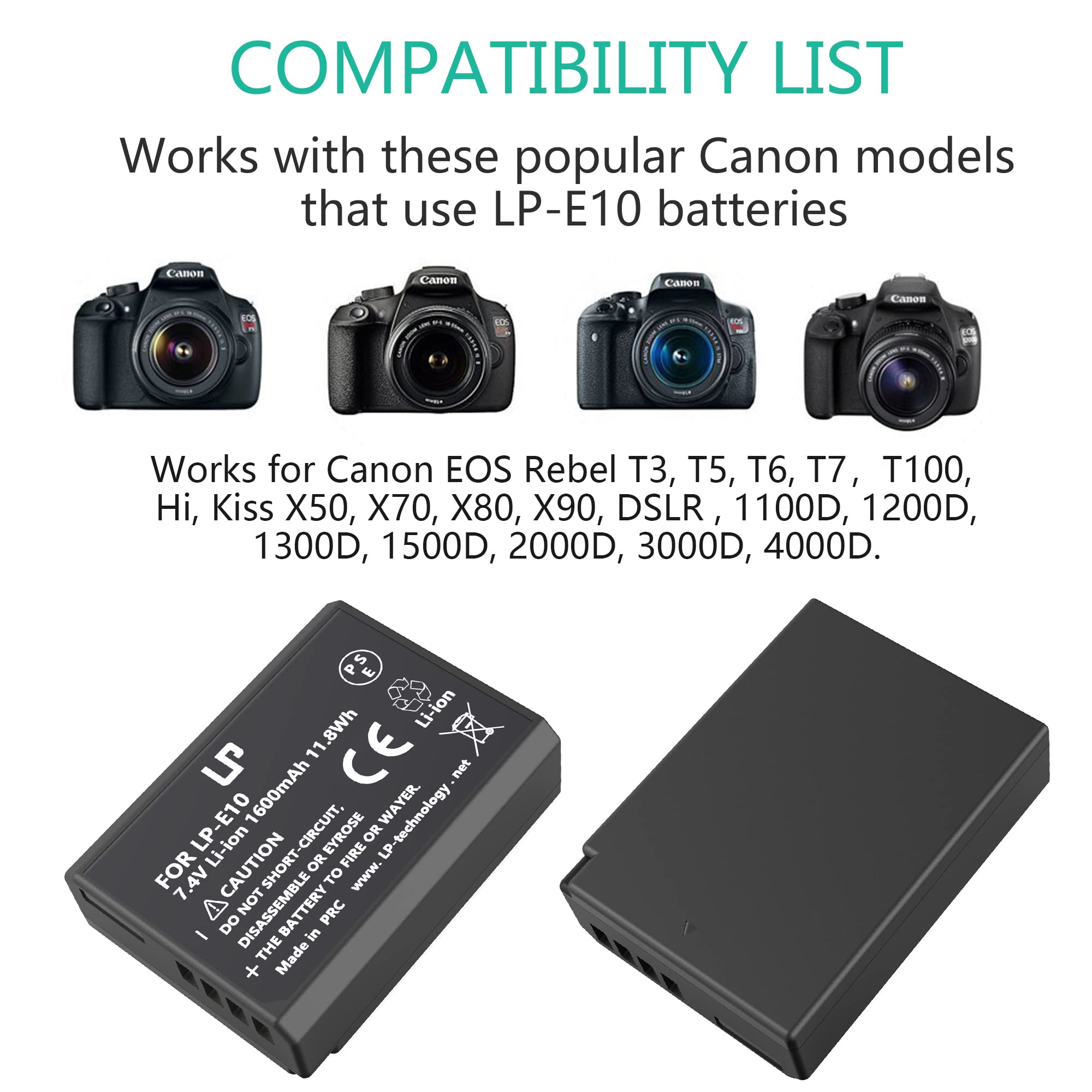 Lp Lp-E10 Battery Charger Pack, 2-Pack Battery & Charger, Compatible With Canon Eos Rebel T7, T6, T5, T3, T100, 4000D, 3000D, 20