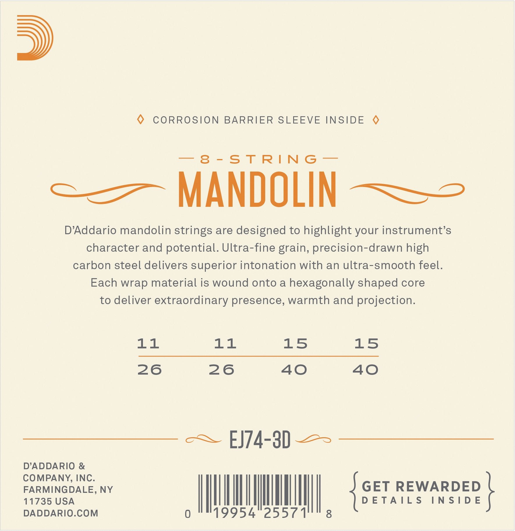 D'Addario Ej74 3D Mandolin Strings Phosphor Bronze 11 40 Medium 3 Pack